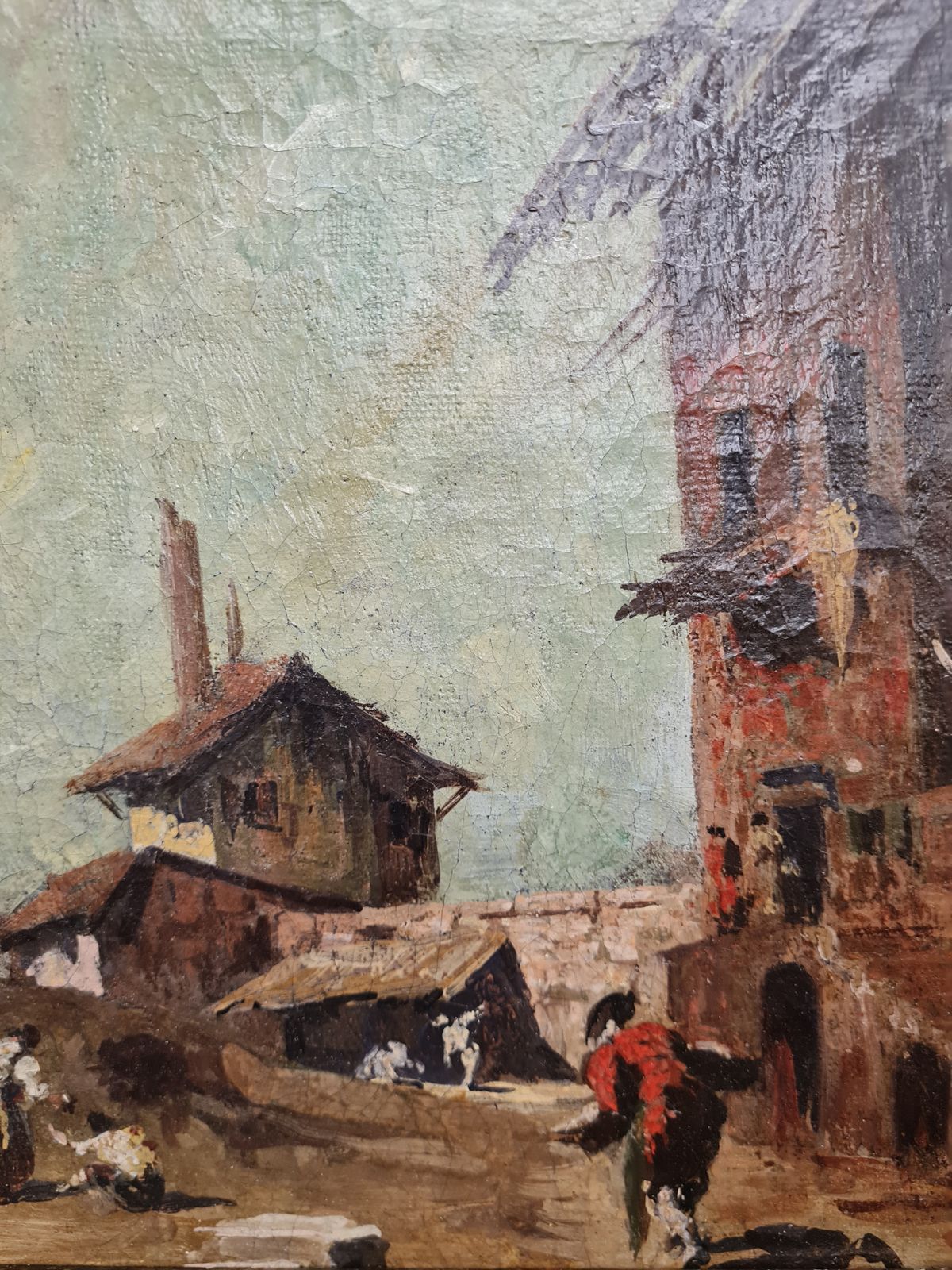 19th Century Continental Rustic Village Oil Painting In Original Gilt Frame C.1855–1875 photo vintage