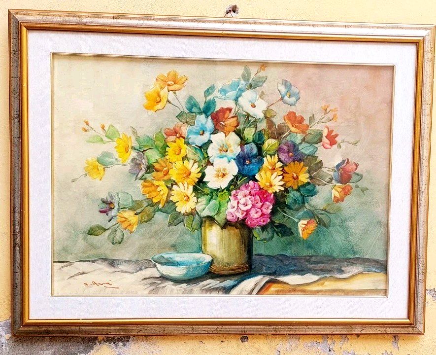 Oil Painting On Canvas Flowers A. René 50x70 Cm 60s/70s
