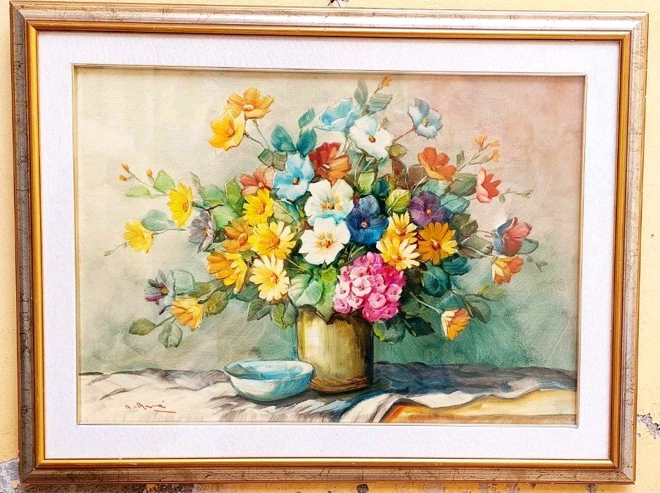 Oil Painting On Canvas Flowers A. René 50x70 Cm 60s/70s photo furniture