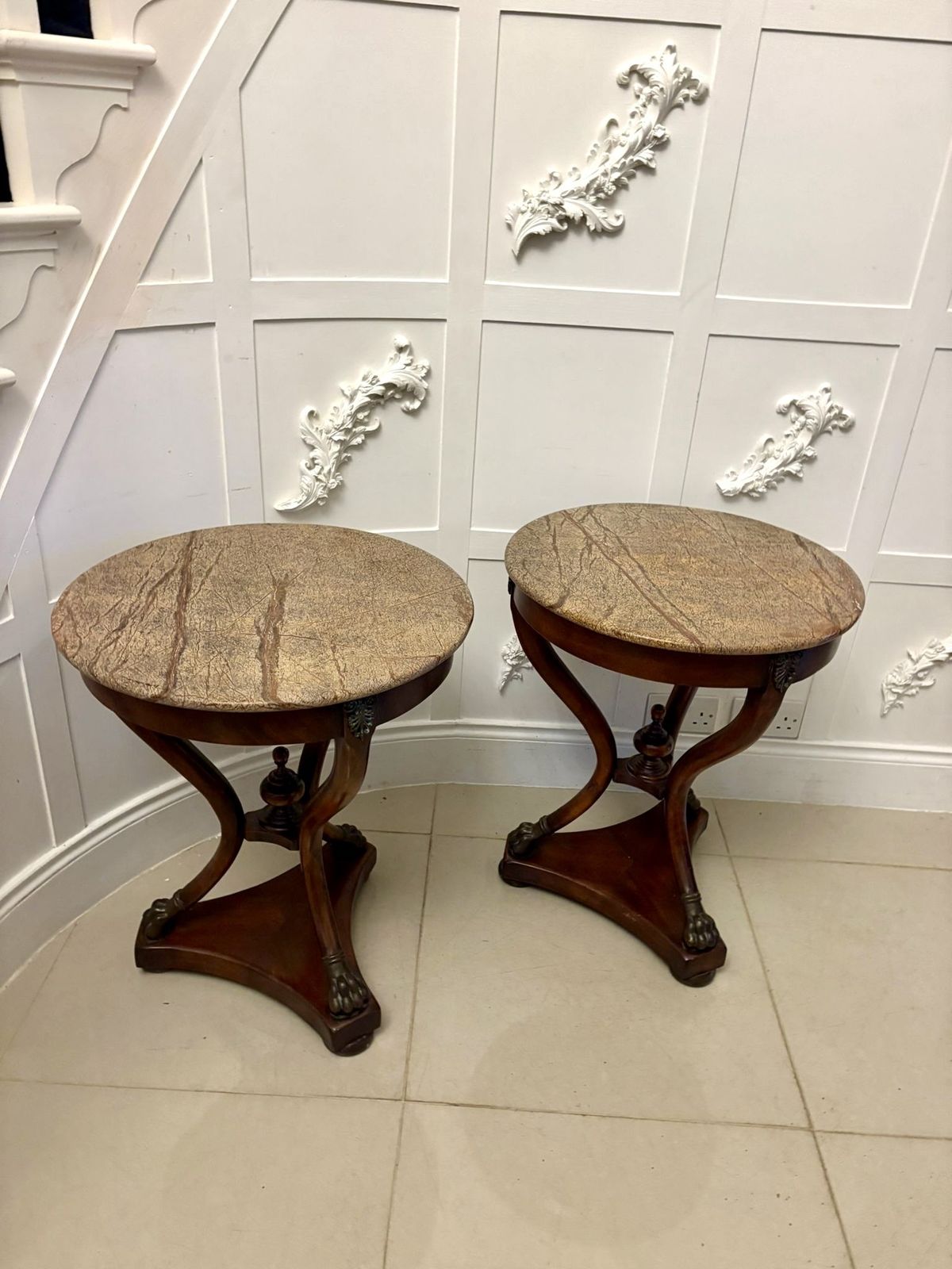 Antique Early 20th Century Quality Pair Of French Marble Top Gueridon Side Tables