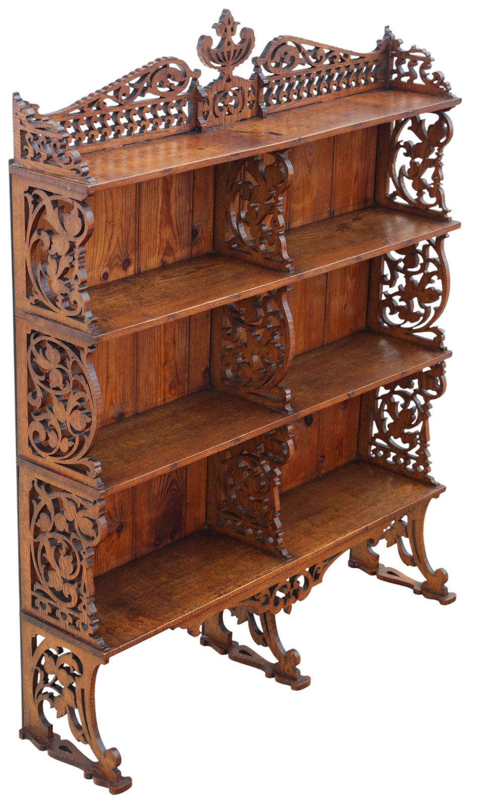 Antique C.1900 Oak Fret Cut Waterfall Bookcase – Wall Or Floor Standing, Fine Quality photo furniture