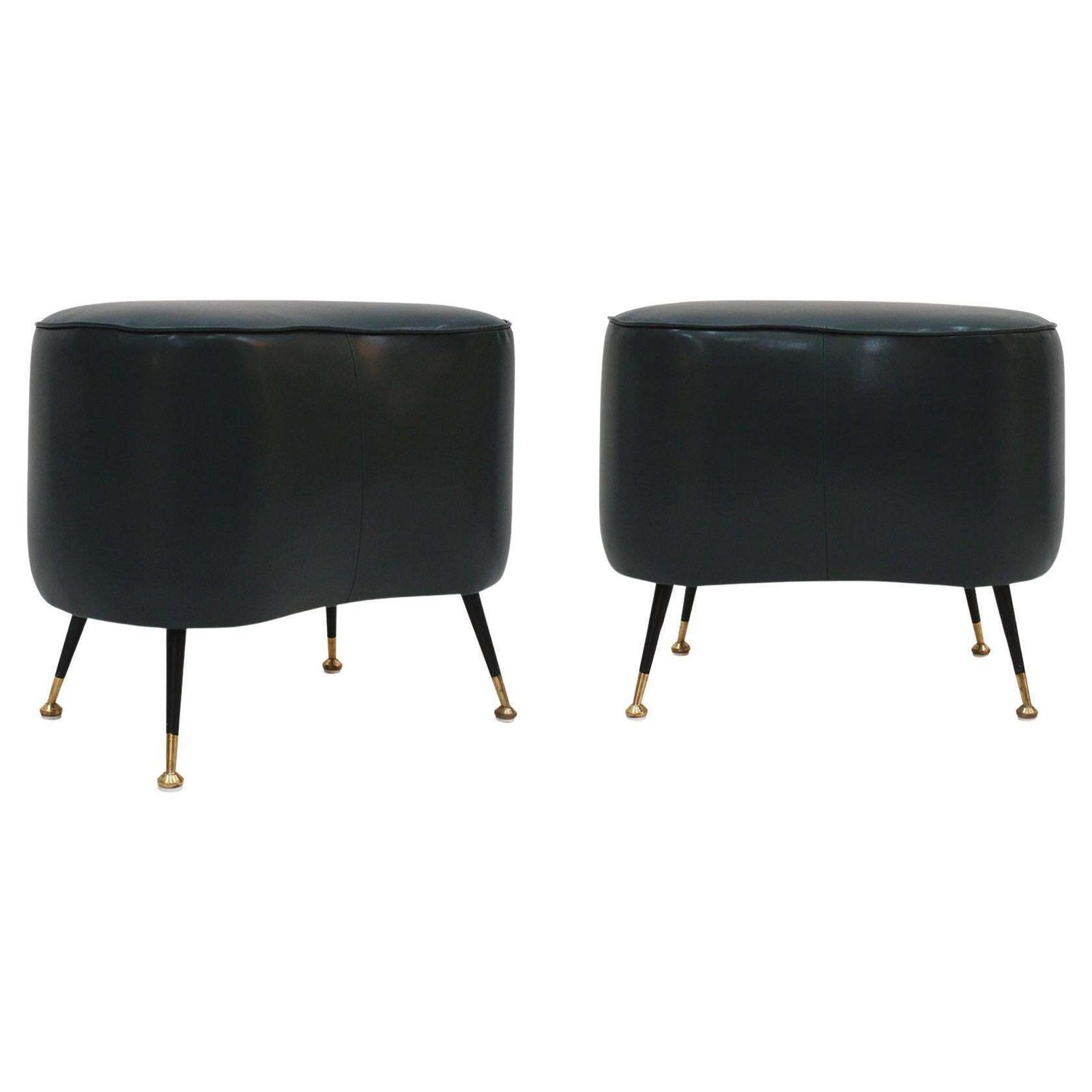 Pair Of Italian Footstools In Solid Wood And Green Faux Leather, Italy, 1960s