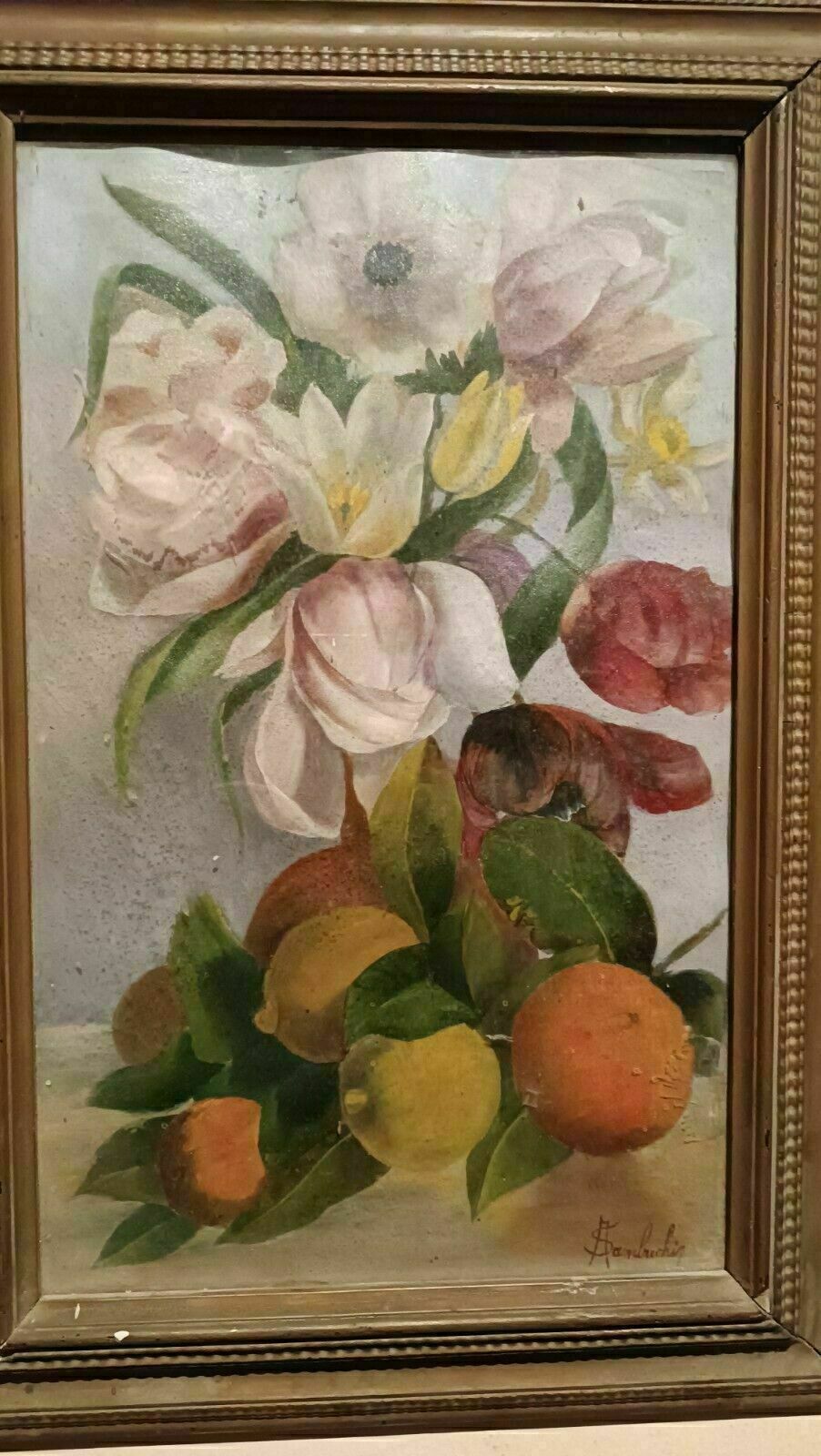 Oil Painting On Paper Depicting Flowers And Citrus Fruits   Signed A.Sambuchi photo for sale