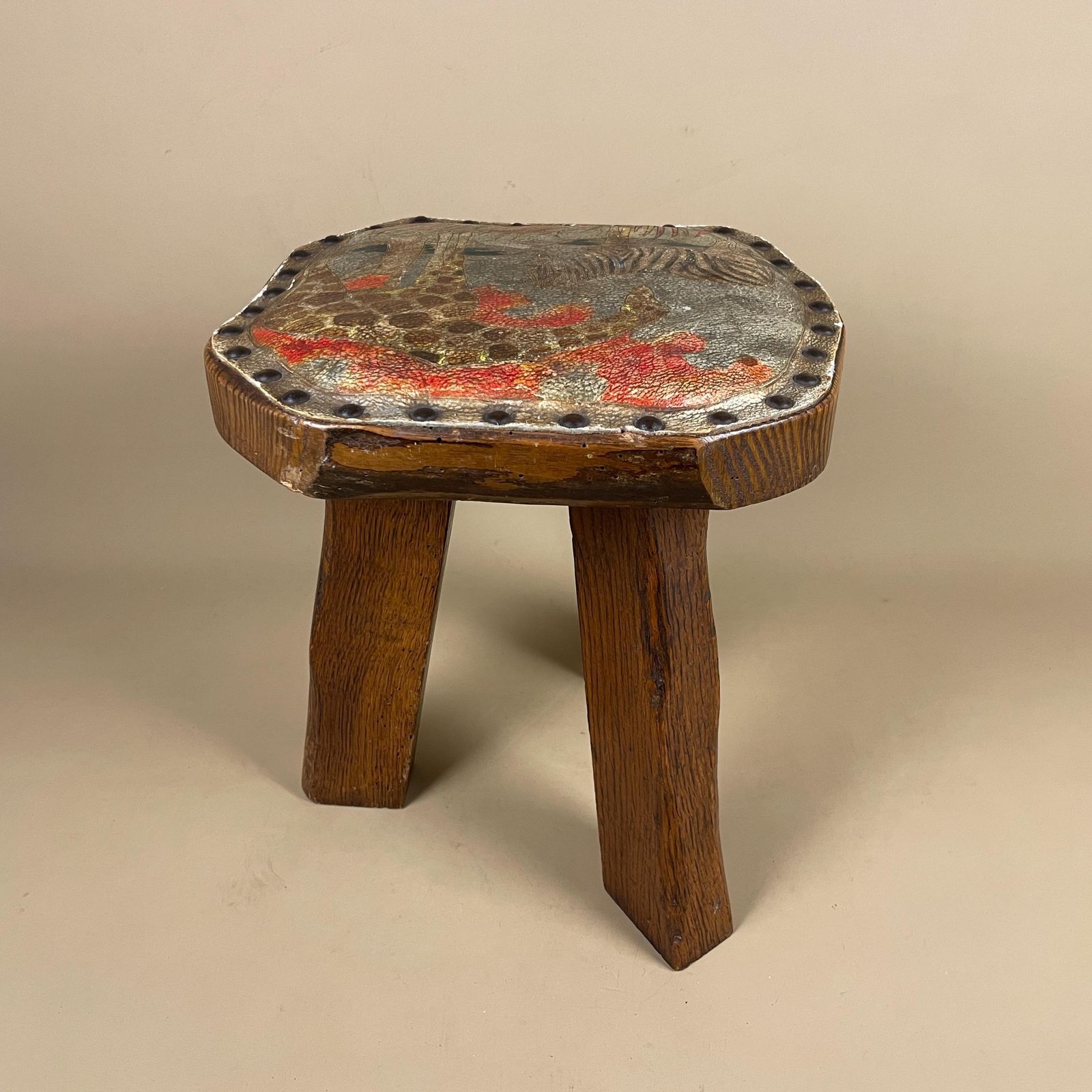 Antique Wooden Foot Stool Wood Furniture Footstool Seat 35x30x28cm Hand Painted Animal Patterned Pattern Leather Studded Studs Old 3 Legs photo vintage