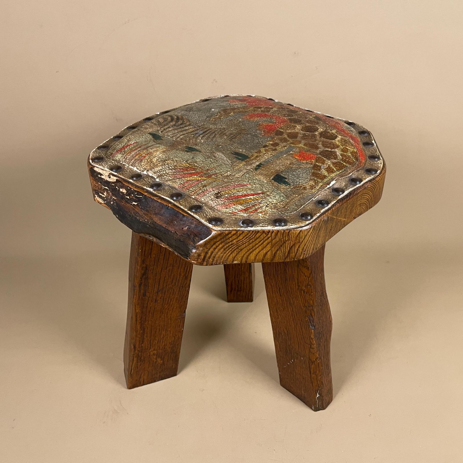 Furniture Antique Wooden Foot Stool Wood Furniture Footstool Seat 35x30x28cm Hand Painted Animal Patterned Pattern Leather Studded Studs Old 3 Legs photo
