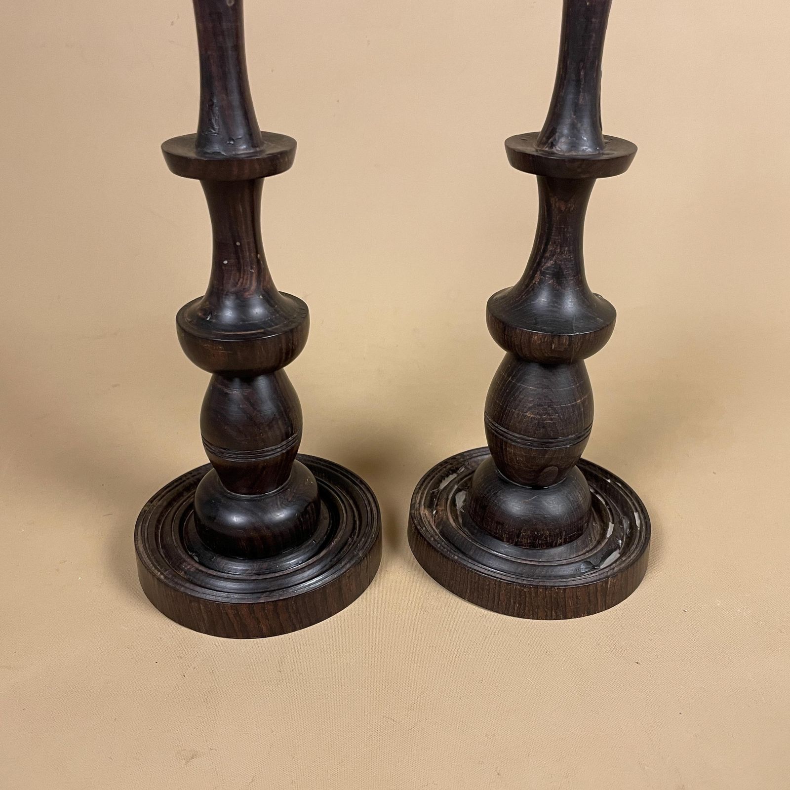 Antique Vintage Matching Pair Wooden Candlestick Candle Stick Vintage Dinner Candlesticks Wood Handmade Cottage Farmhouse Classic Mantle photo vinterior