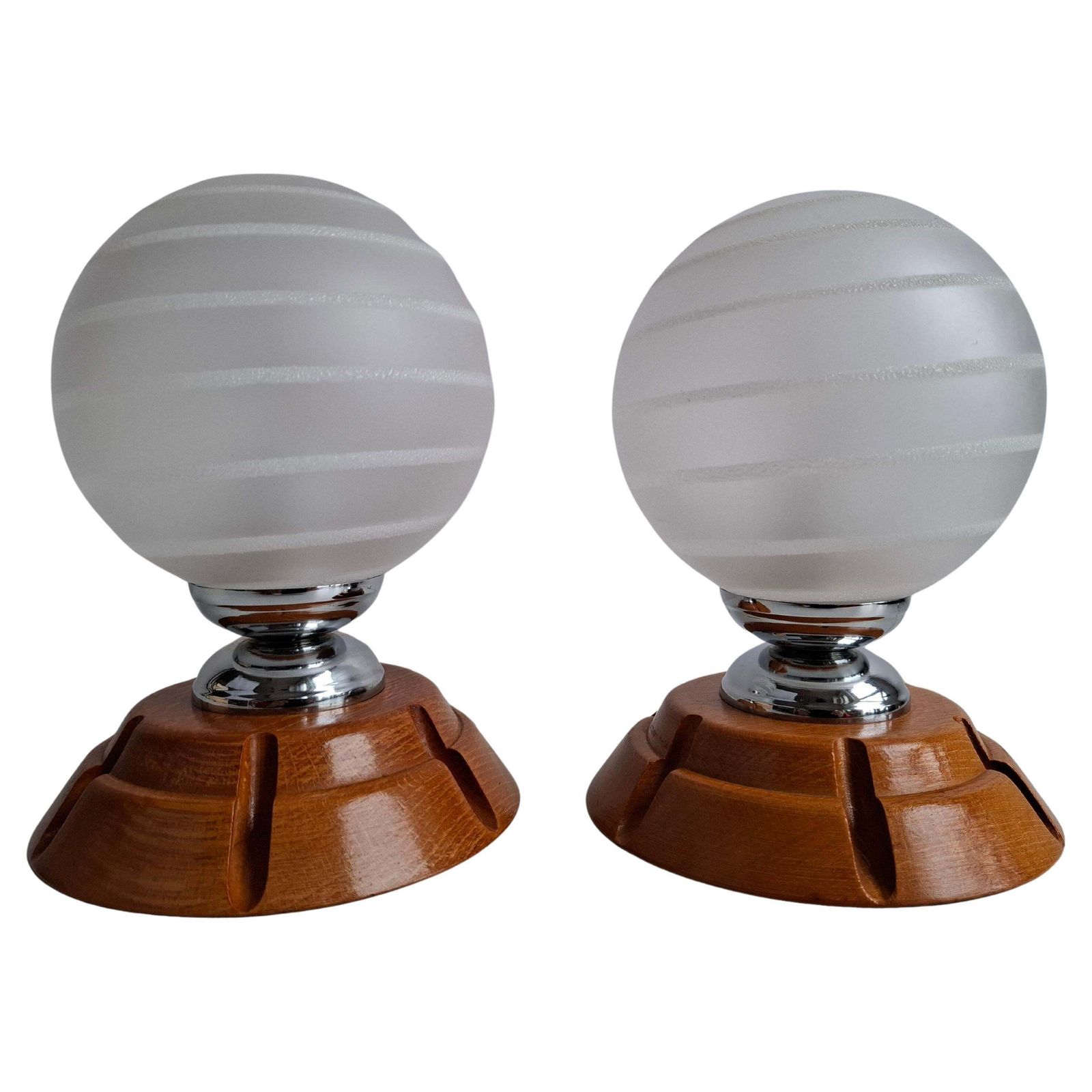 Pair Of Mid Century Czech Wood And Frosted Glass Table Lamps, 1990