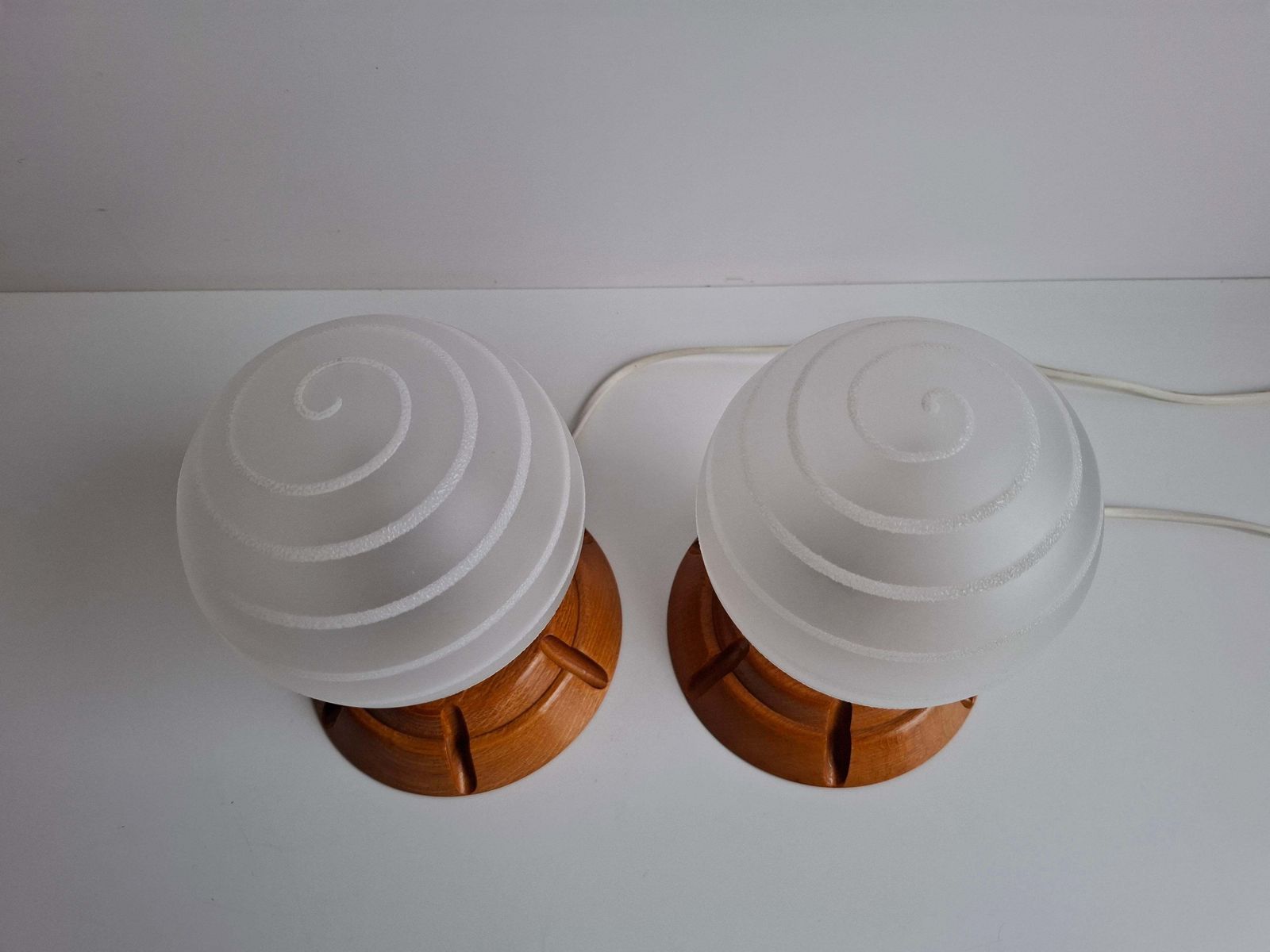 photo for sale Pair Of Mid Century Czech Wood And Frosted Glass Table Lamps, 1990