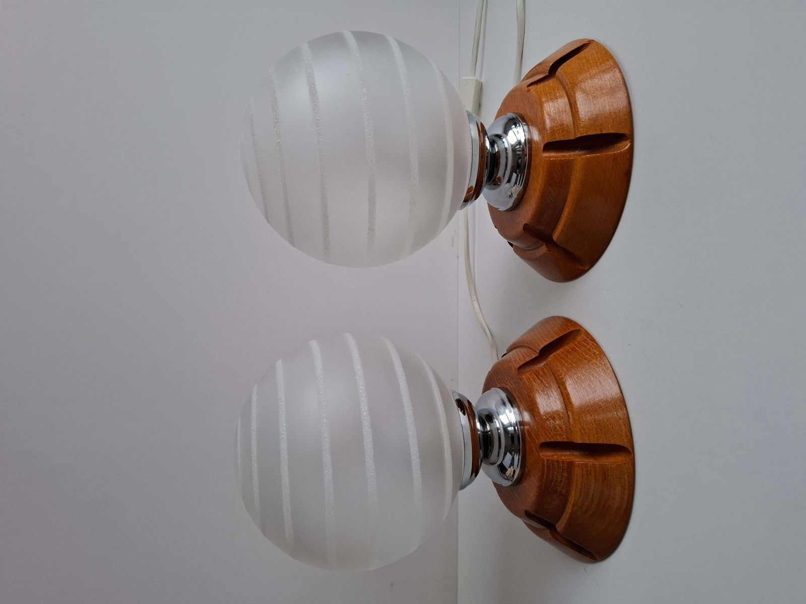 373.0 Pair Of Mid Century Czech Wood And Frosted Glass Table Lamps, 1990 photo