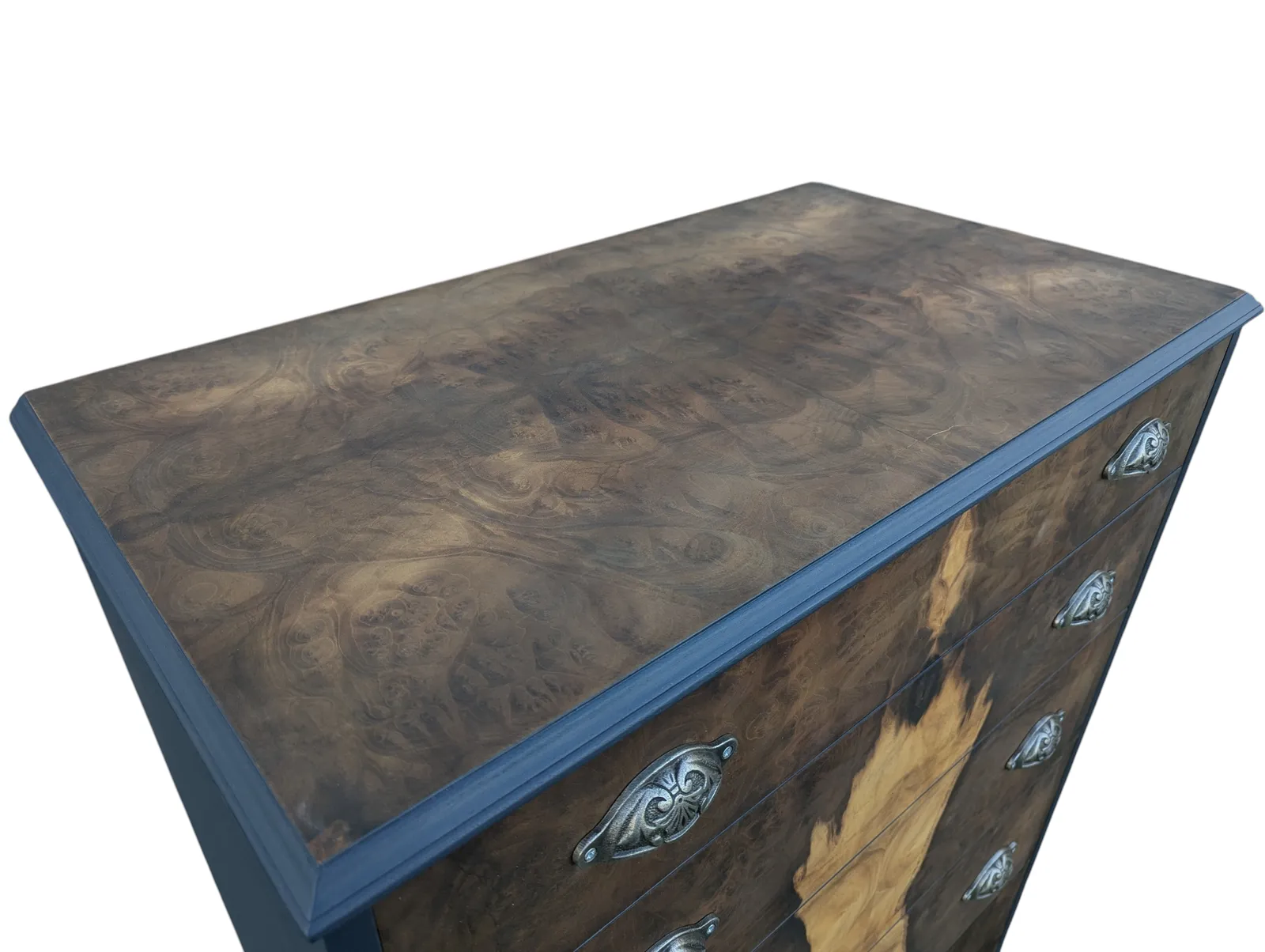 photo furniture Art Deco Navy Blue Walnut Burr Wood Chest Of Drawers