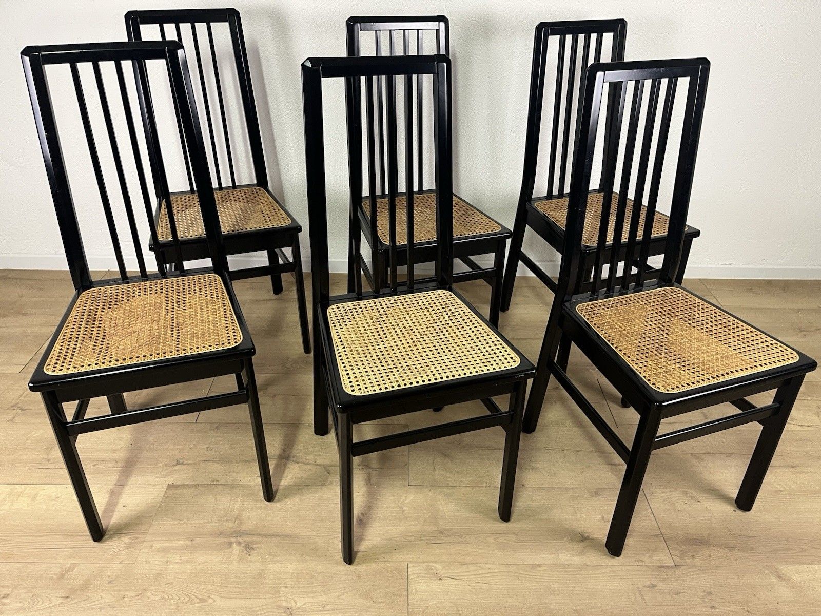 Vienna 70’s Vintage Design Black Straw Wood Chair Set Of 6 photo for sale