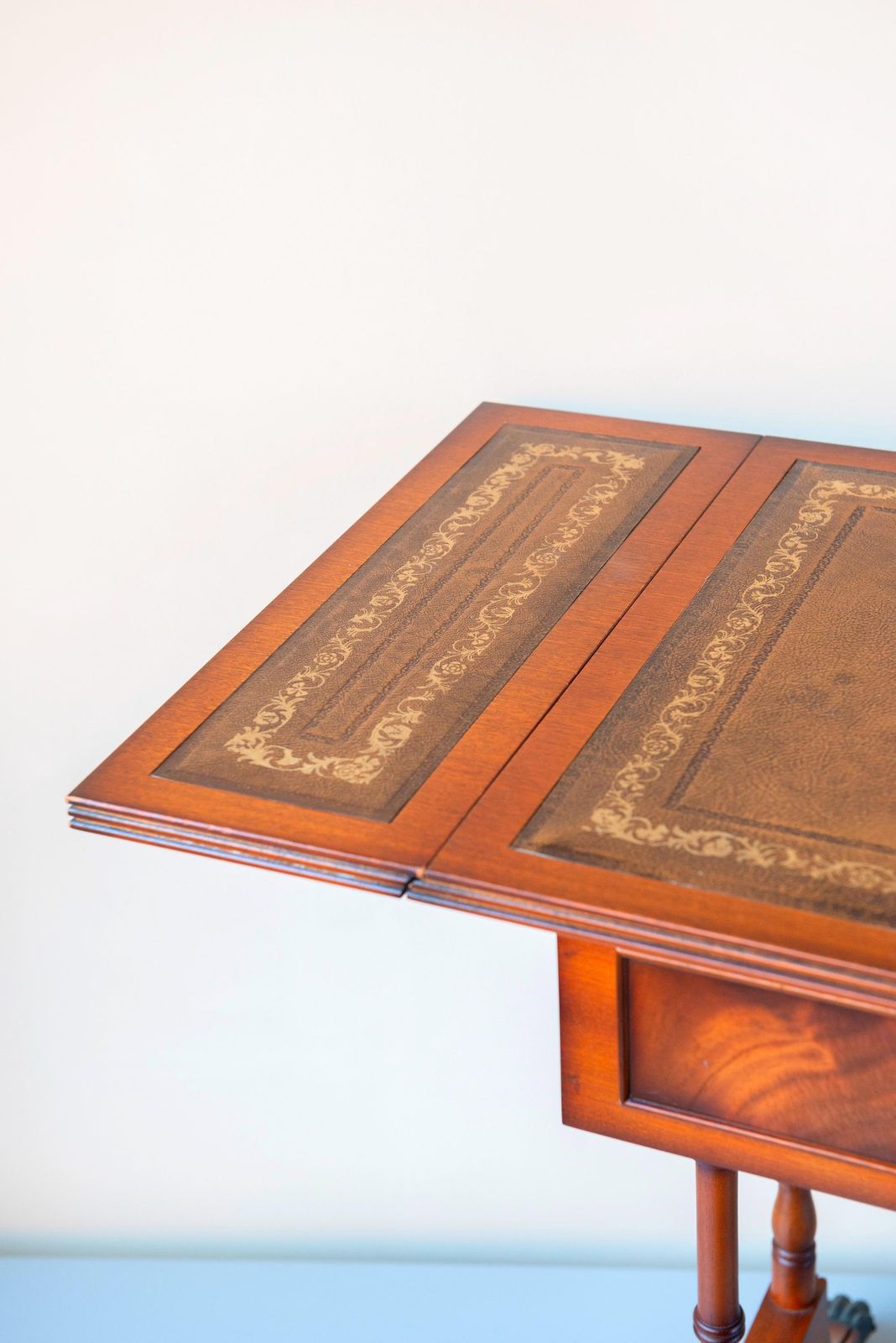 Furniture English Mahogany Pembroke Table – Victorian Style Drop Leaf Side Table   Leather Inlay, Turned Legs, Drawer, And Claw Casters photo