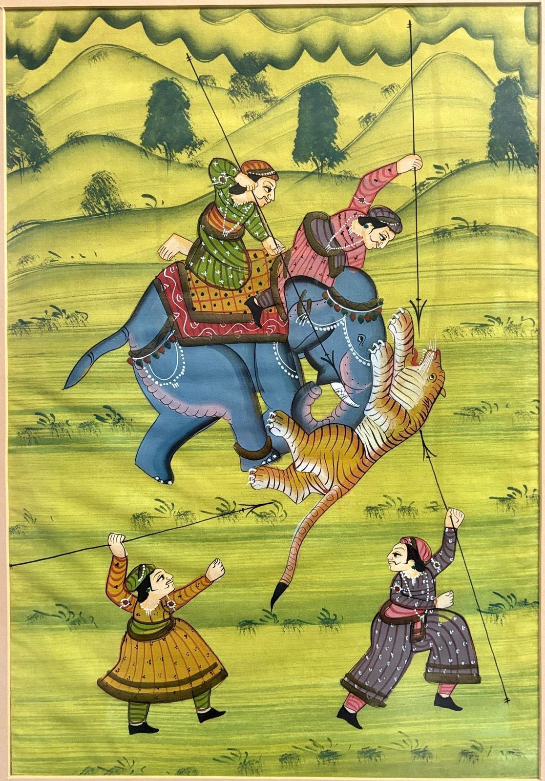 Pair Of Mughal‑Style Silk Paintings, “Tiger Hunt”, India, C. 1985–1990 photo furniture