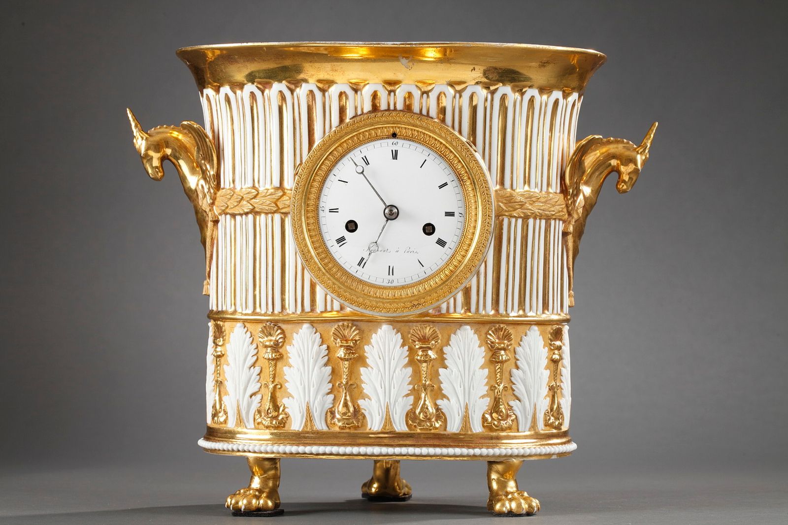 Gilt Porcelain Clock In The Shape Of A Vase, Early 19th Century photo for sale