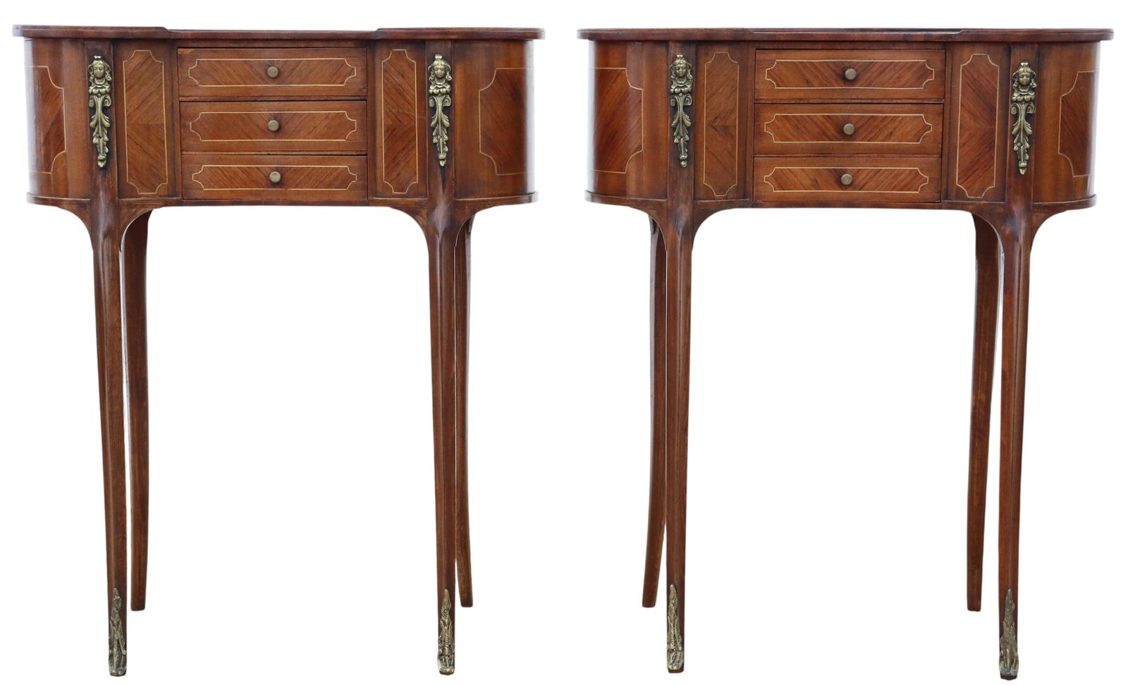 Antique C.1925 Pair Of Kidney Shaped Inlaid Veneer Bedside Tables / Cupboards – Fine Quality Nightstands photo for sale