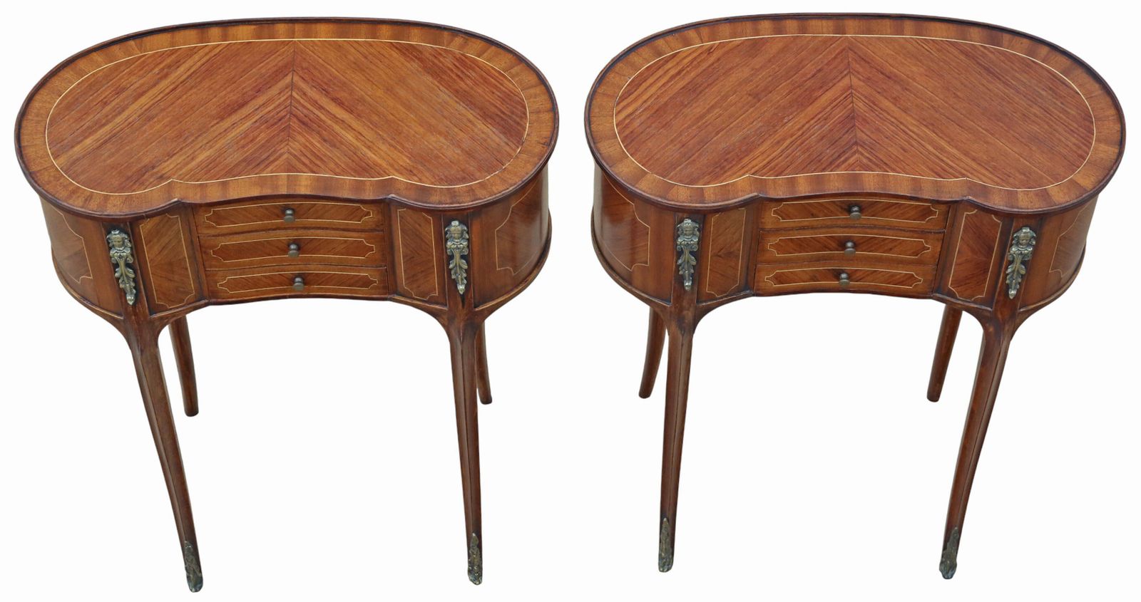 Antique C.1925 Pair Of Kidney Shaped Inlaid Veneer Bedside Tables / Cupboards – Fine Quality Nightstands photo 2495.0