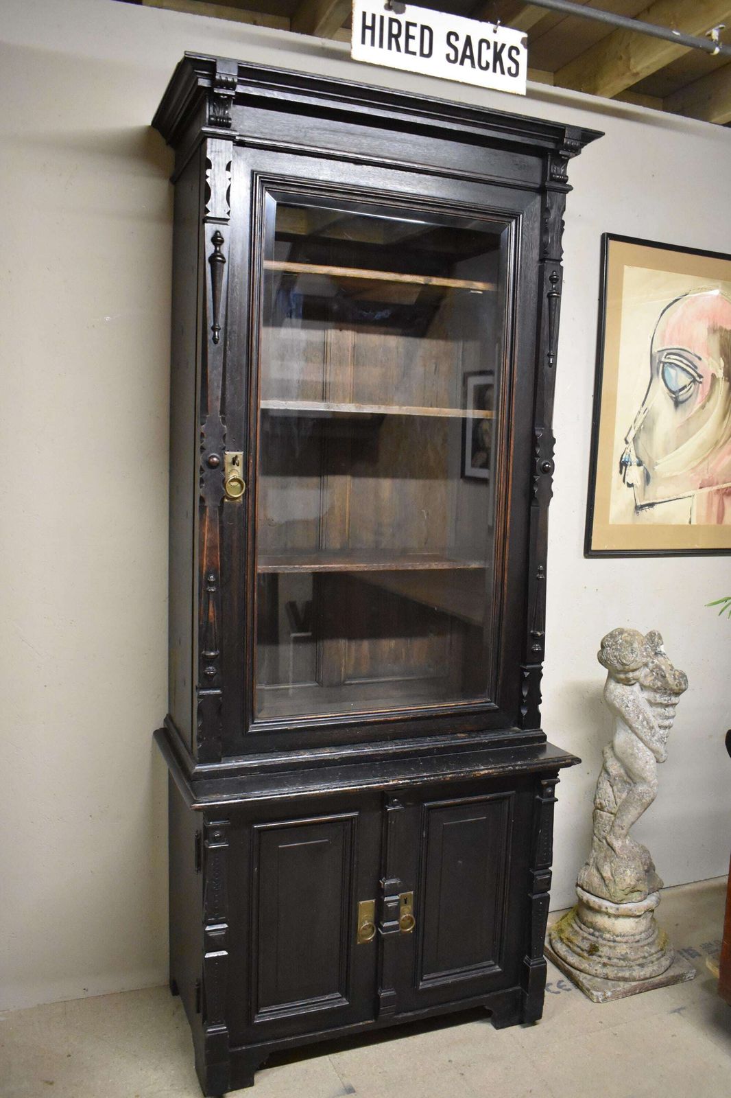 19th Century Antique Ebonised Oak Glazed Gun Cabinet   Display Bookcase