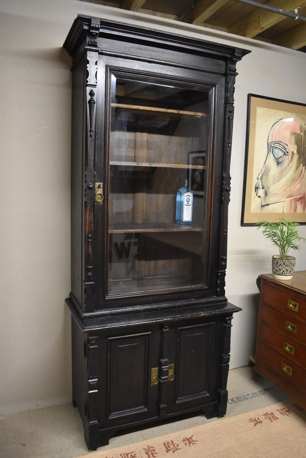 photo for sale 19th Century Antique Ebonised Oak Glazed Gun Cabinet   Display Bookcase
