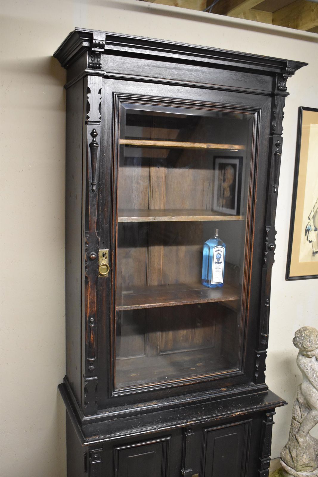 Furniture 19th Century Antique Ebonised Oak Glazed Gun Cabinet   Display Bookcase photo