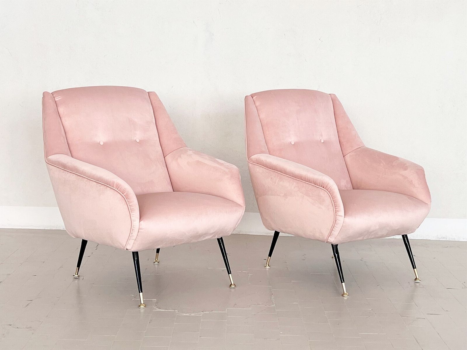 Italian Midcentury Armchairs In Soft Pink Velvet And Brass Tips, 1950s photo for sale