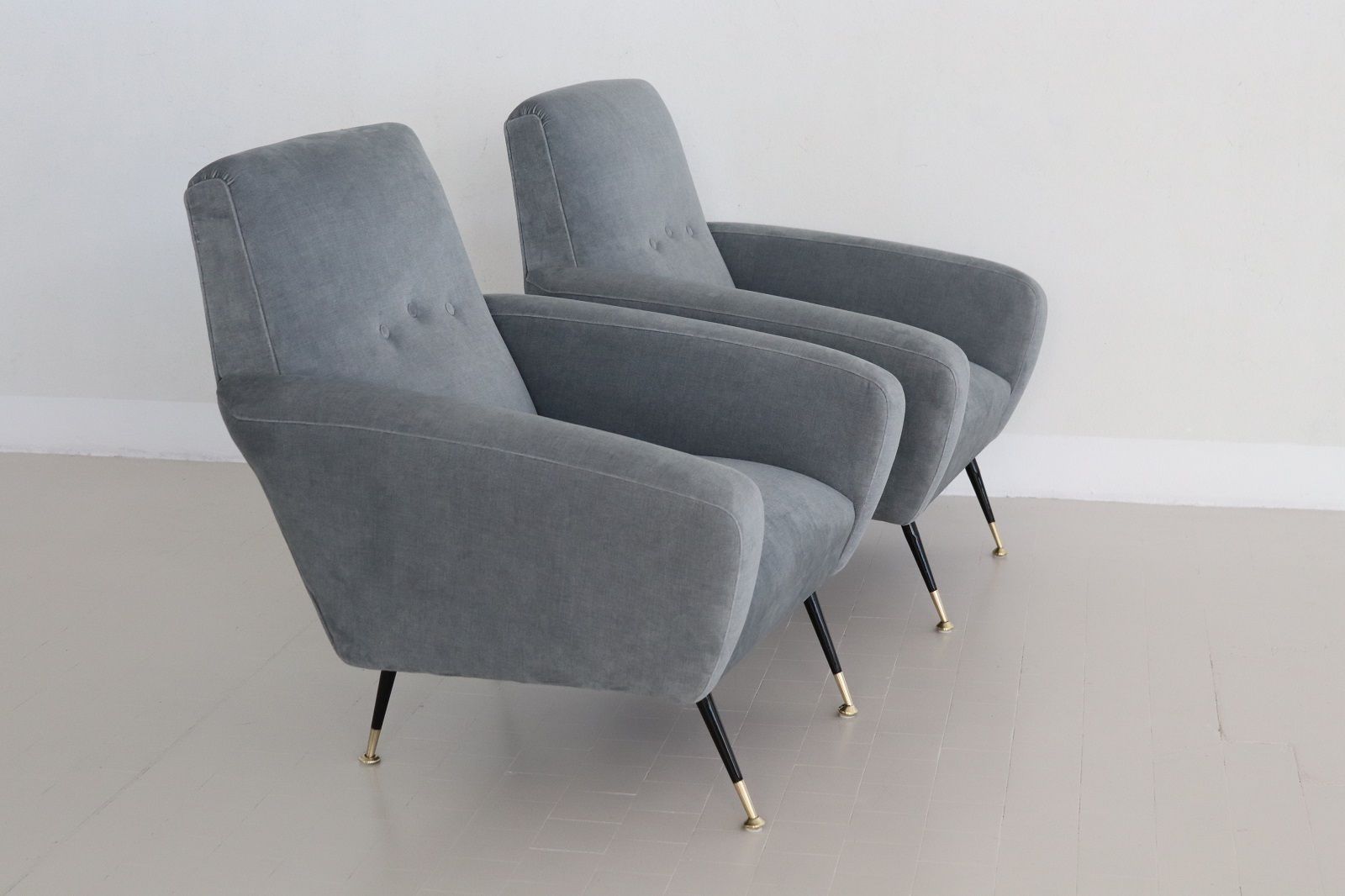 Italian Midcentury Armchairs With Springs In Blue Grey New Velvet photo vintage