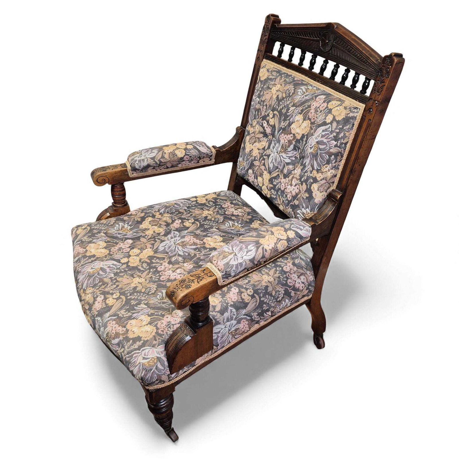 Victorian Oak Nursing Chair – Carved Armchair With Floral Upholstery & Castors