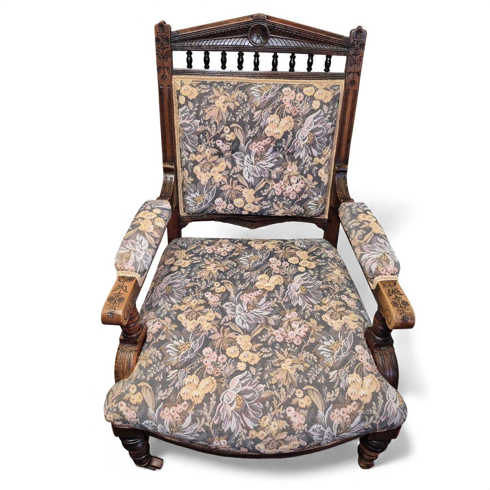 Victorian Oak Nursing Chair – Carved Armchair With Floral Upholstery & Castors photo furniture