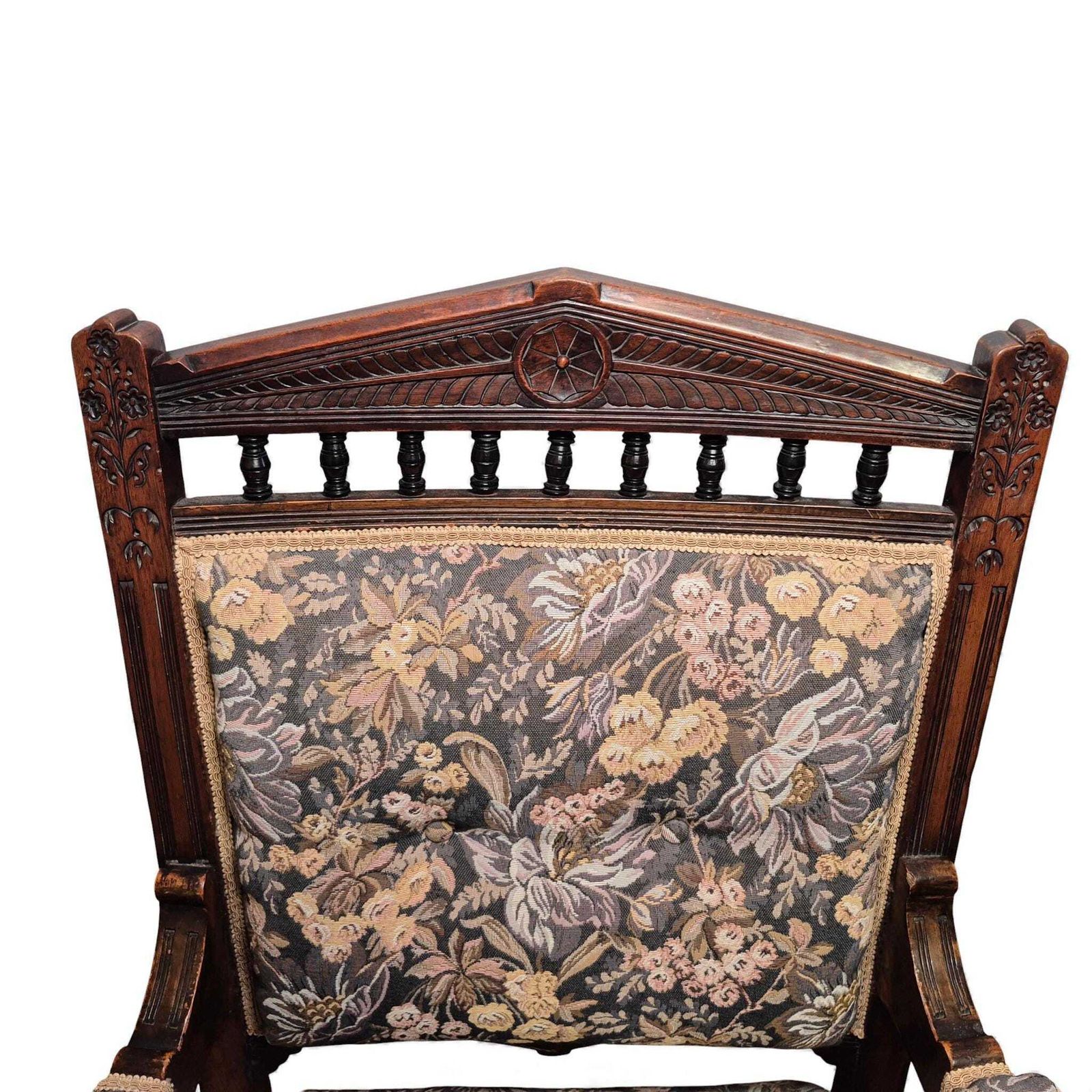 photo for sale Victorian Oak Nursing Chair – Carved Armchair With Floral Upholstery & Castors