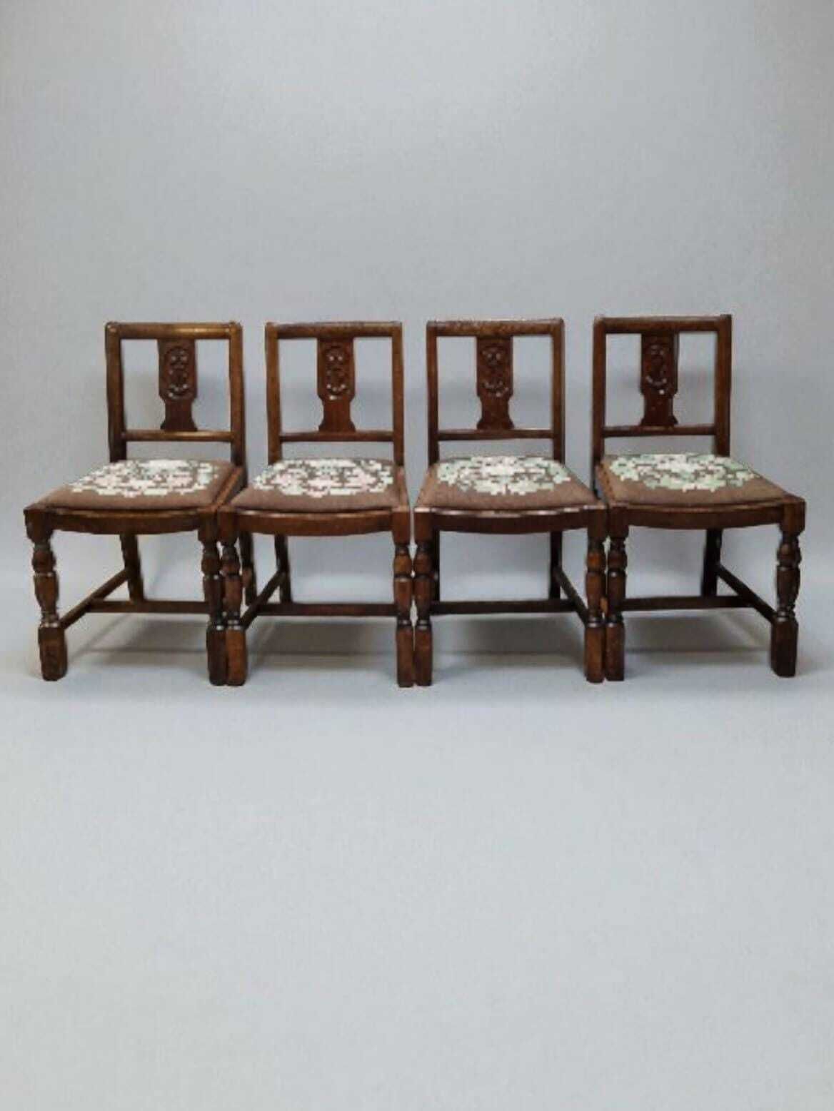 Vintage Art Deco Oak Dining Chairs / Tapestry Seats / Set Of Four / C. 1930–1940