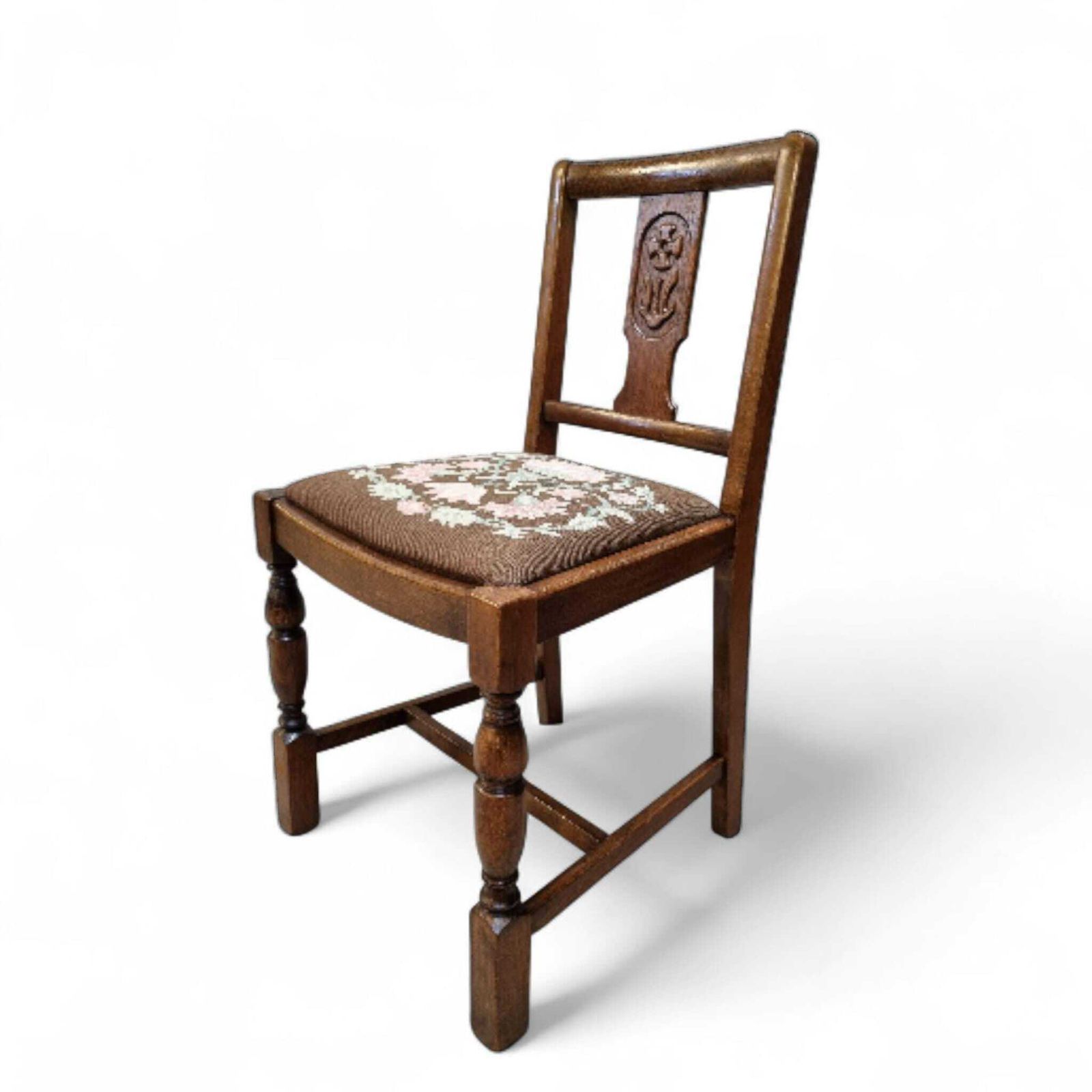 Vintage Art Deco Oak Dining Chairs / Tapestry Seats / Set Of Four / C. 1930–1940 photo furniture