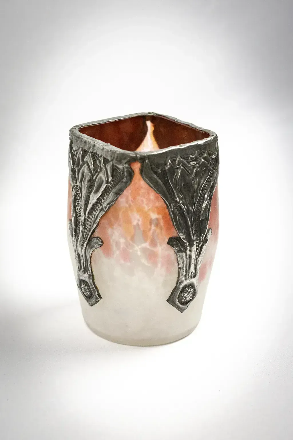 Small Art Nouveau Vase In Marbled Glass With A Pewter Mount photo vinterior
