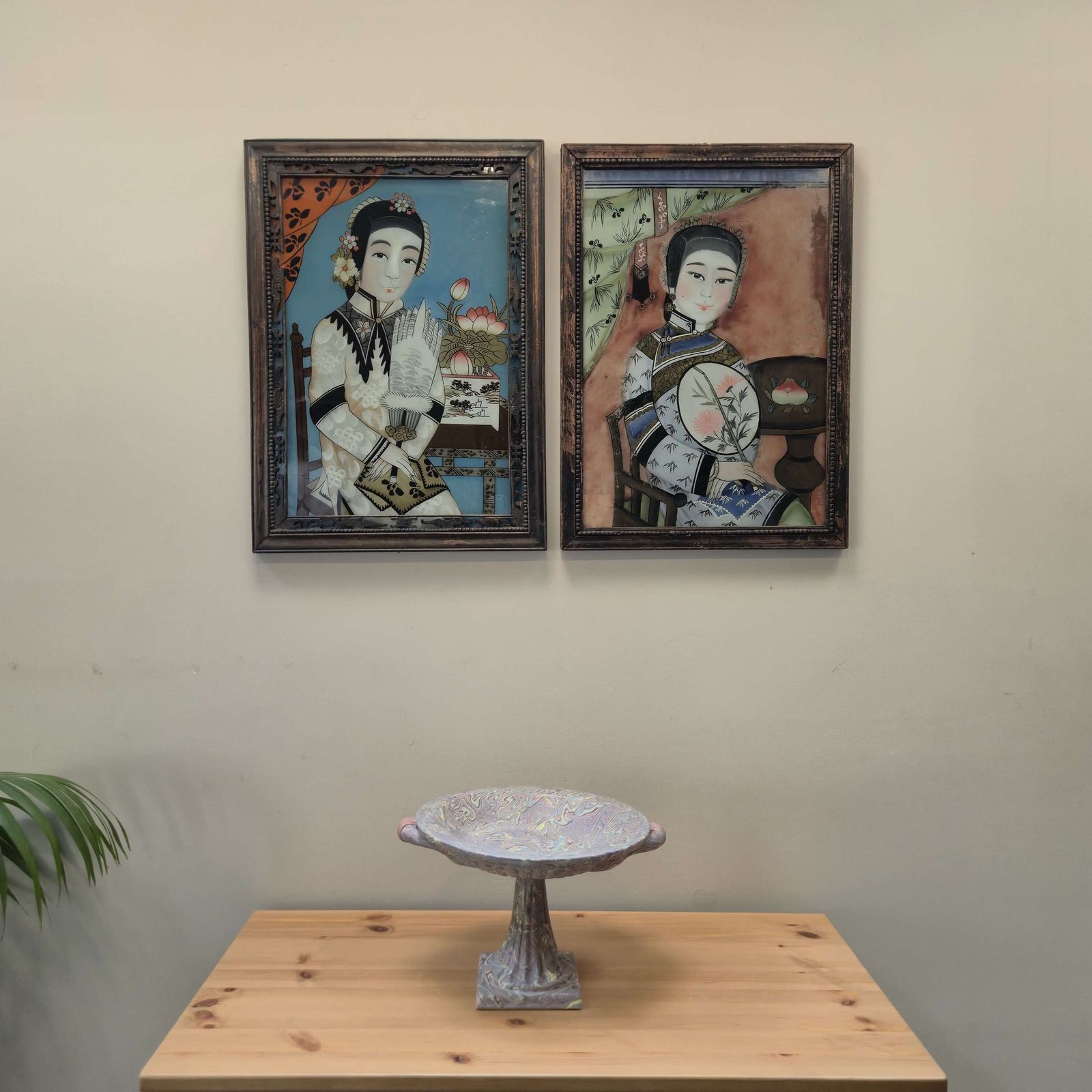 Antique Chinese Reverse Glass Paintings – Pair Of Qing Era Ladies