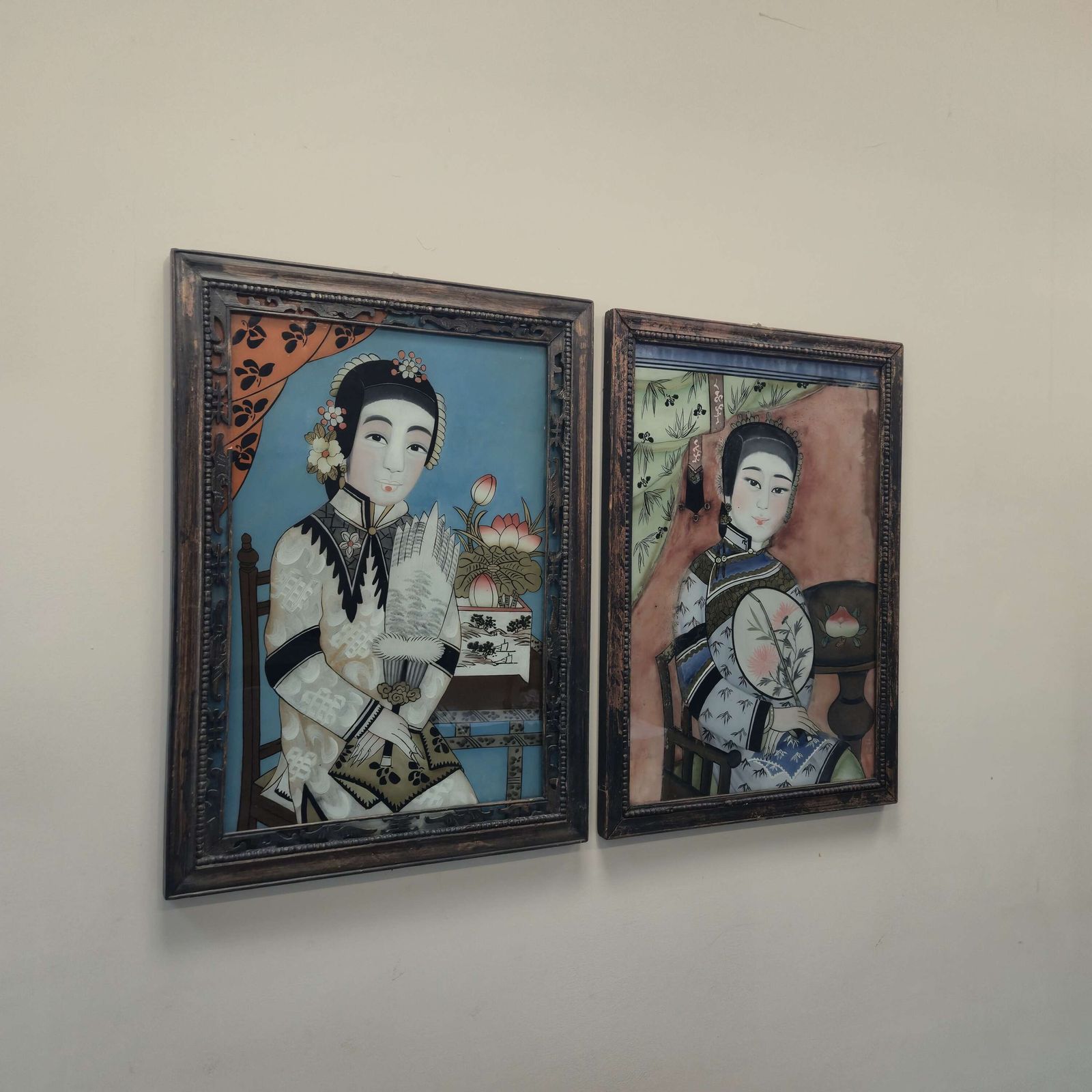 Antique Chinese Reverse Glass Paintings – Pair Of Qing Era Ladies photo furniture