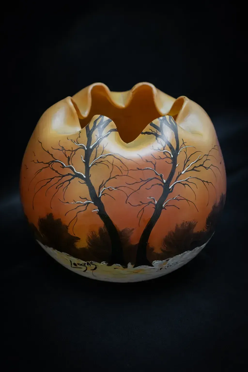 Grand vase sphérique Legras, décor de paysage hivernal photo furniture