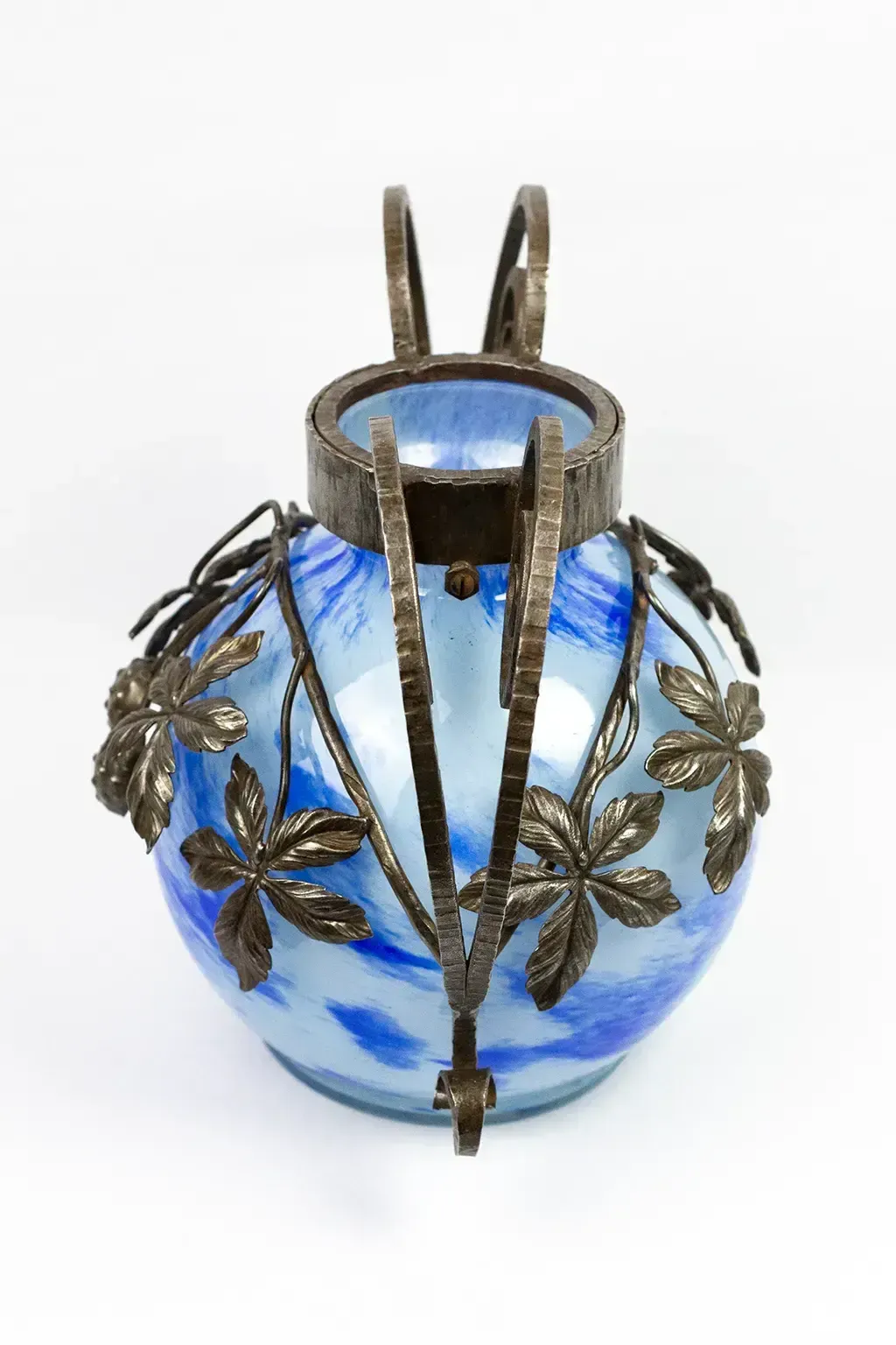 Vase Art Nouveau en verre marbré et monture en fer forgé, André Delatte Nancy, vers 1925 photo for sale