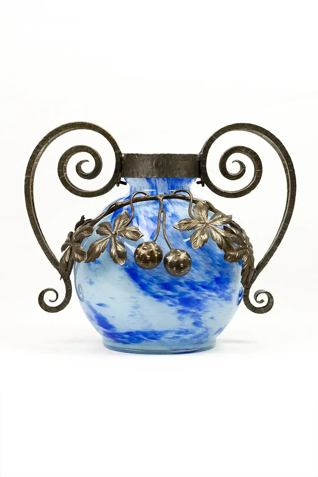 Home Decor Art Nouveau Vase In Marbled Glass & Wrought Iron Mount, André Delatte Nancy, Circa 1925 photo