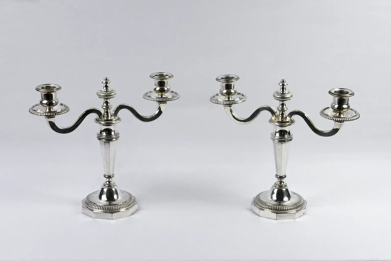 Pair Of Two Light Silver Plated Metal Candelabra – Double Moon Hallmarks