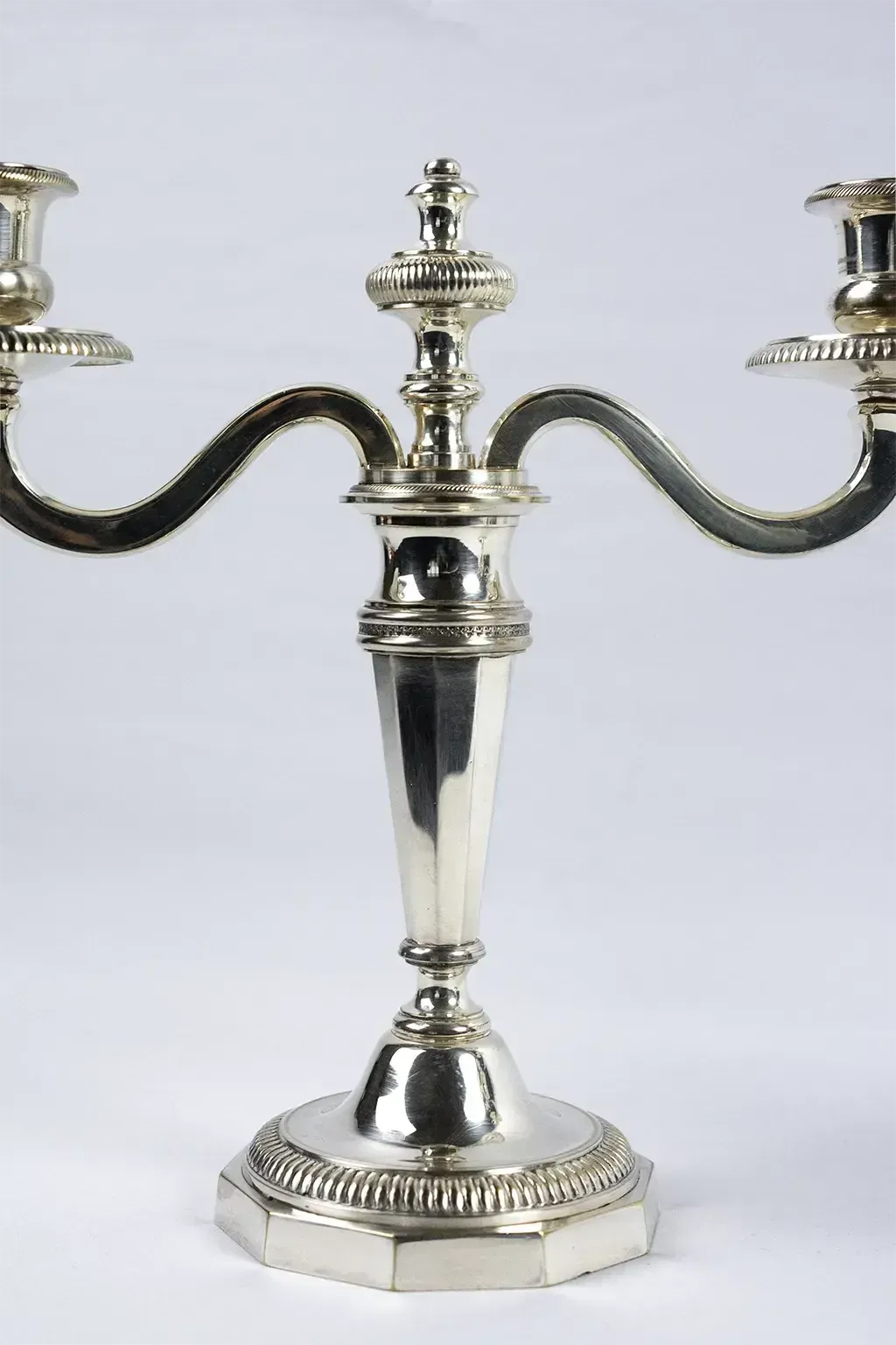 Pair Of Two Light Silver Plated Metal Candelabra – Double Moon Hallmarks photo 280.0