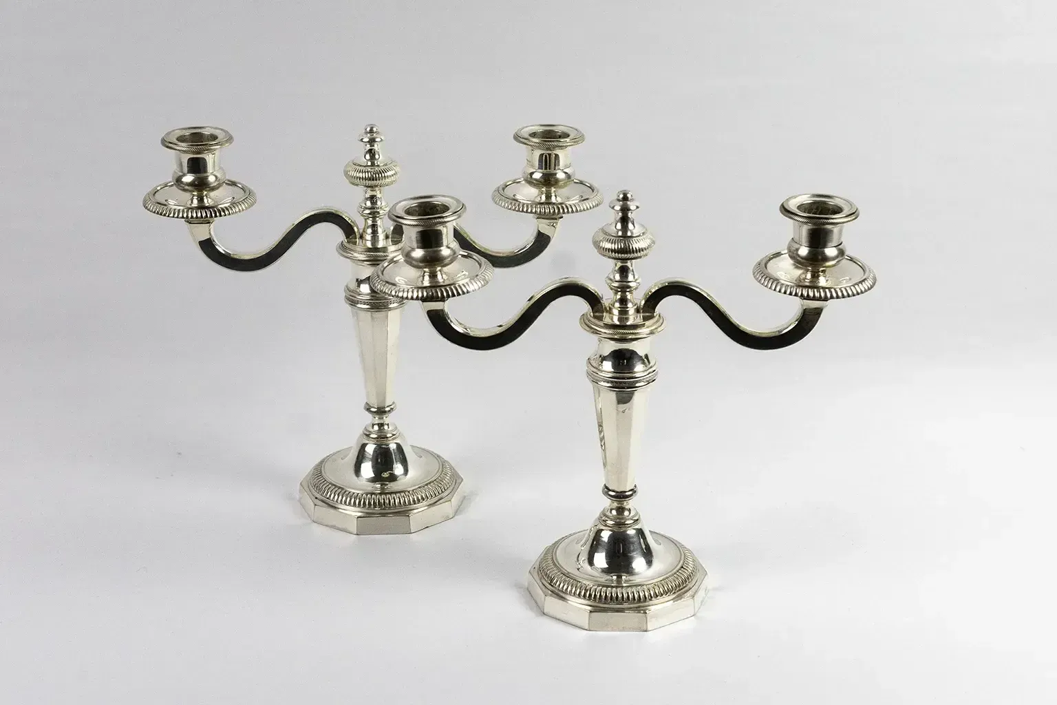 Pair Of Two Light Silver Plated Metal Candelabra – Double Moon Hallmarks photo vinterior
