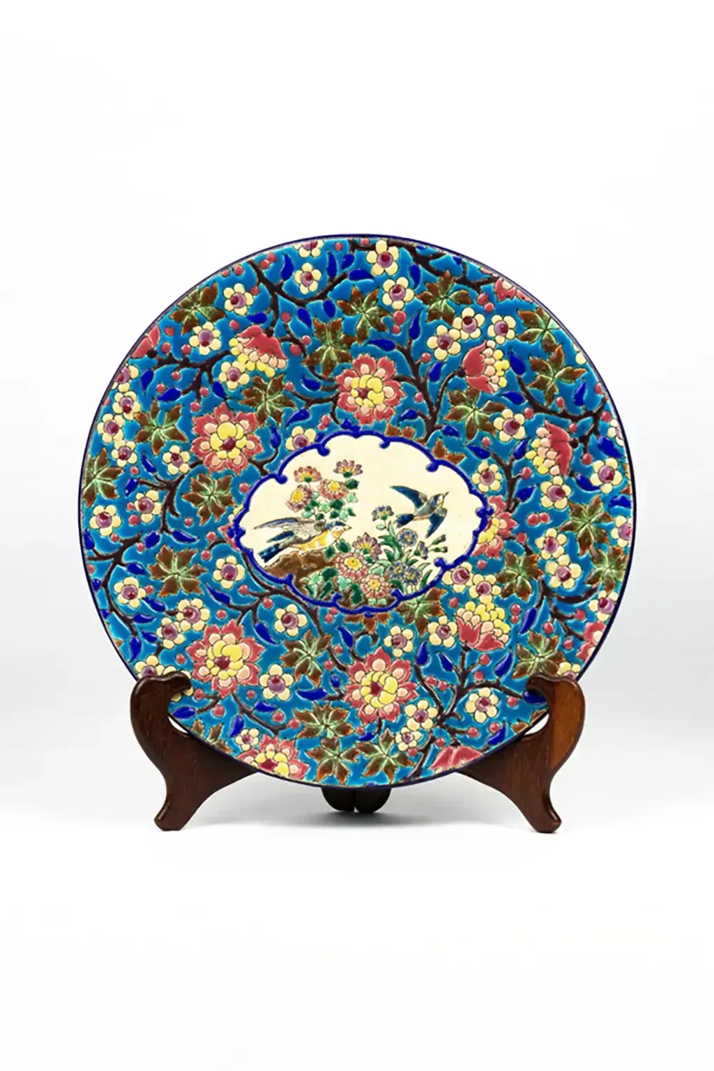 Plat décoratif Longwy en émail - décoré d'oiseaux polychromes et de fleurs - faïence émaillée, vers 1950