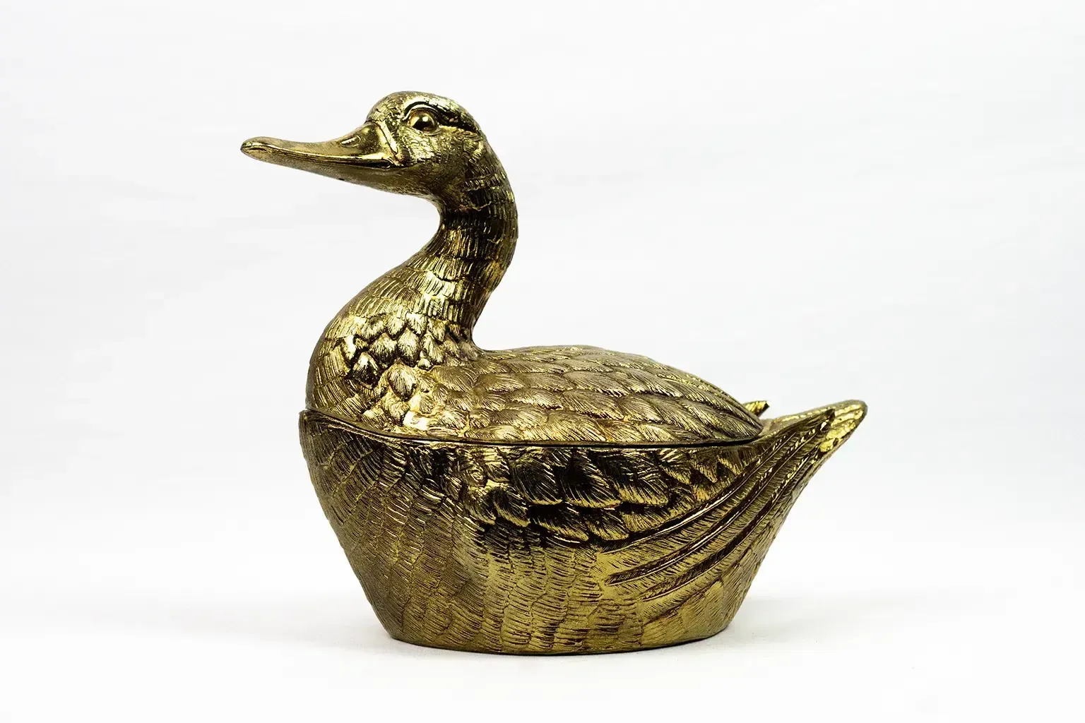 photo for sale Seau à glace en forme de canard en métal doré - Mauro Manetti, Italie, vers 1970   Hollywood Regency