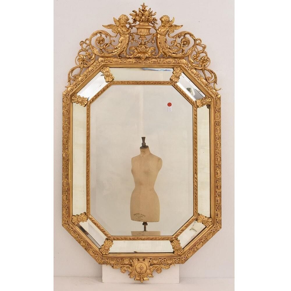 Antique Mirror With Cherubs, Side Mirrors, Antique Luigi Filippo Mirror, Golden Frame, 19th Century. (Spcp197) photo Home Decor