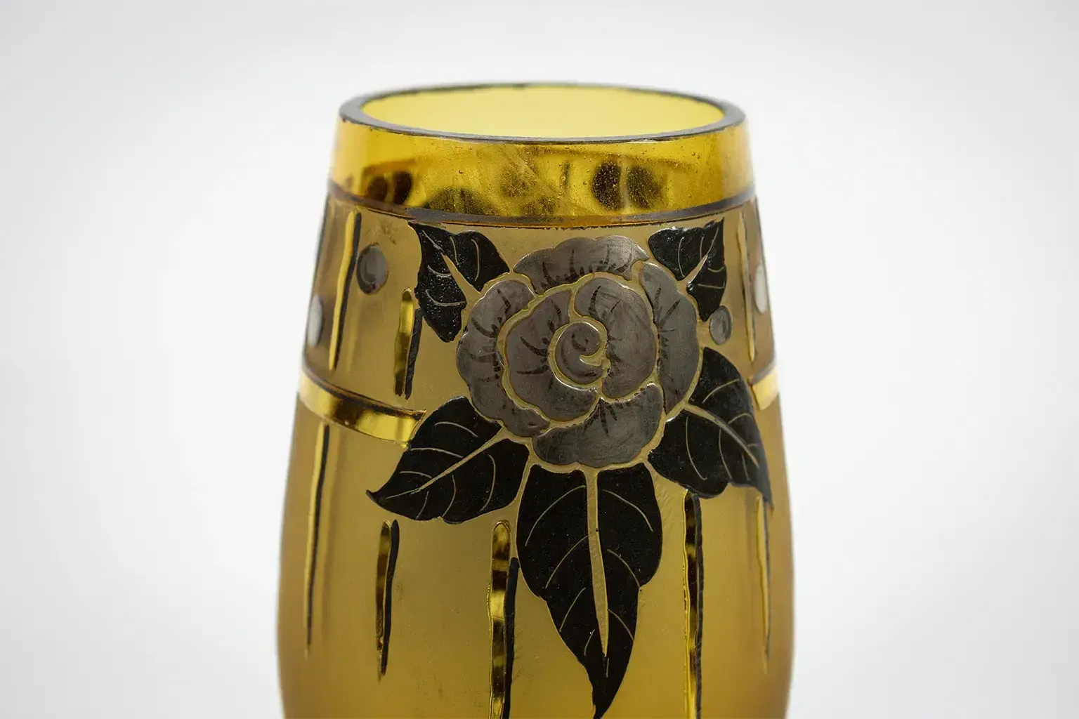 photo for sale Art Deco Amber Glass Vase With Acid Etched Floral Decoration – Signed D'argyl