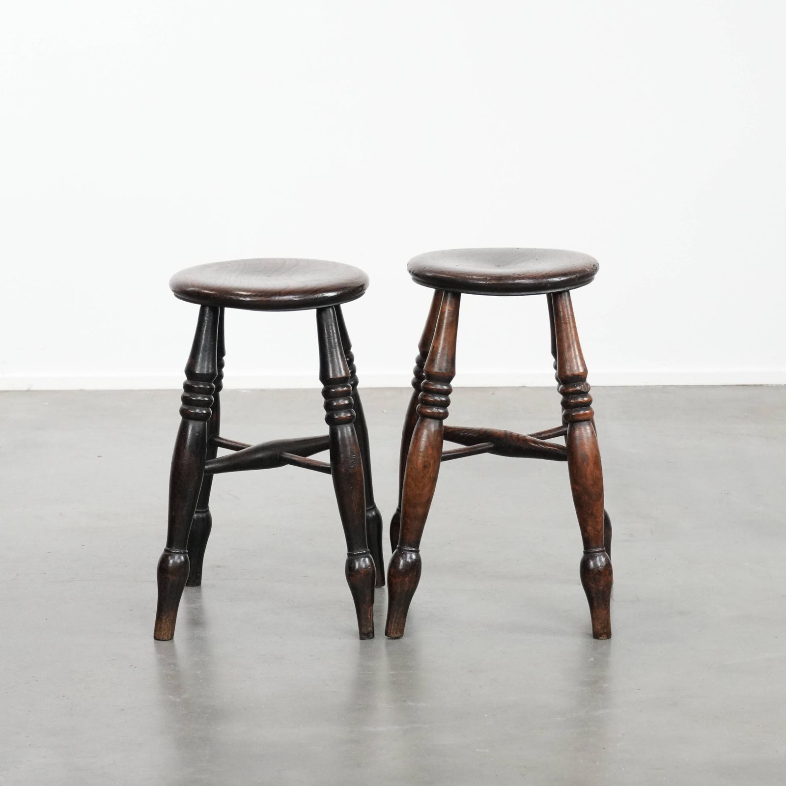 Set Of Two Timeless Antique English Windsor Stools From The 18th Century With A Wonderful Patina