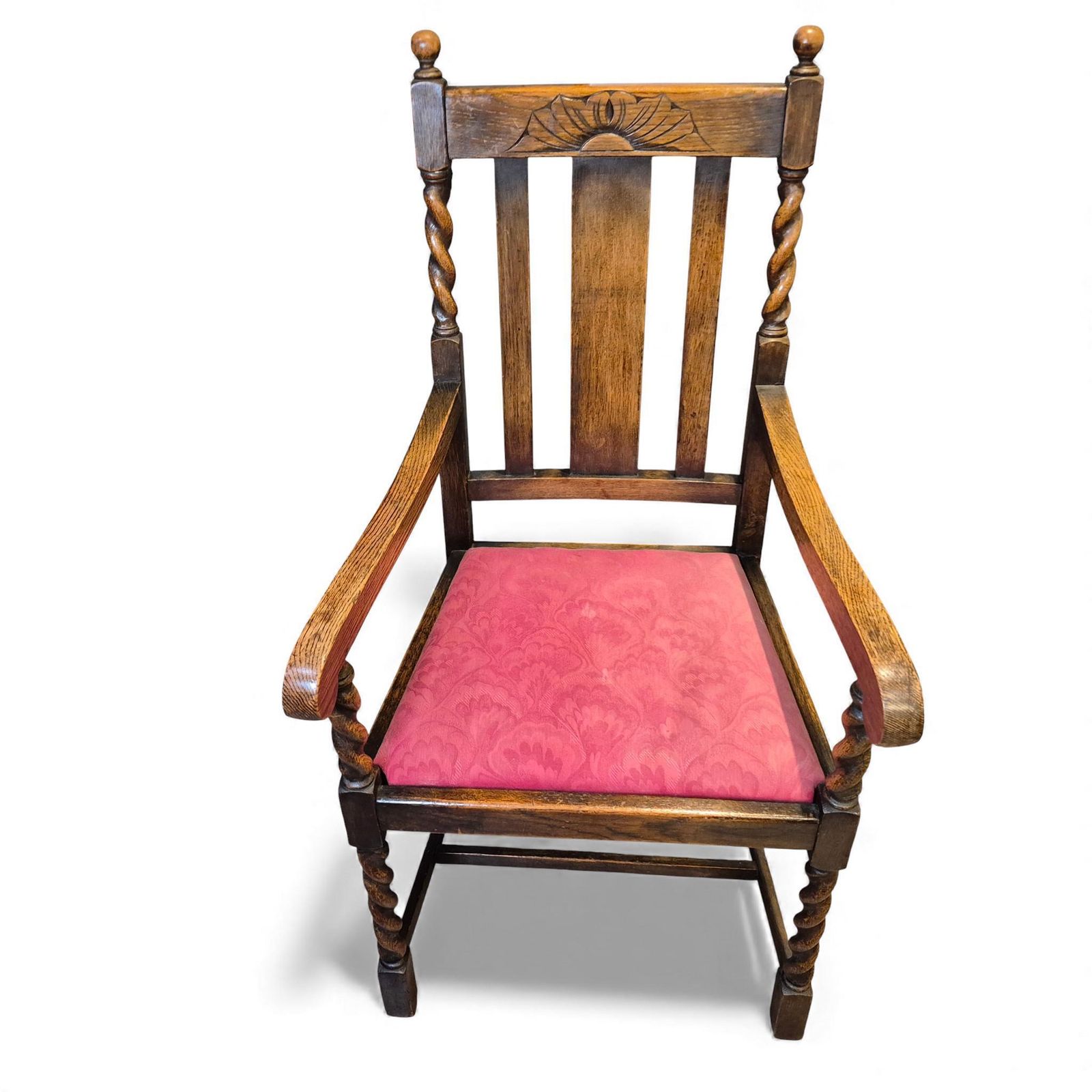 Vintage Oak Hall Chair – Carved Back & Barley Twist Armchair With Upholstered Seat photo Furniture
