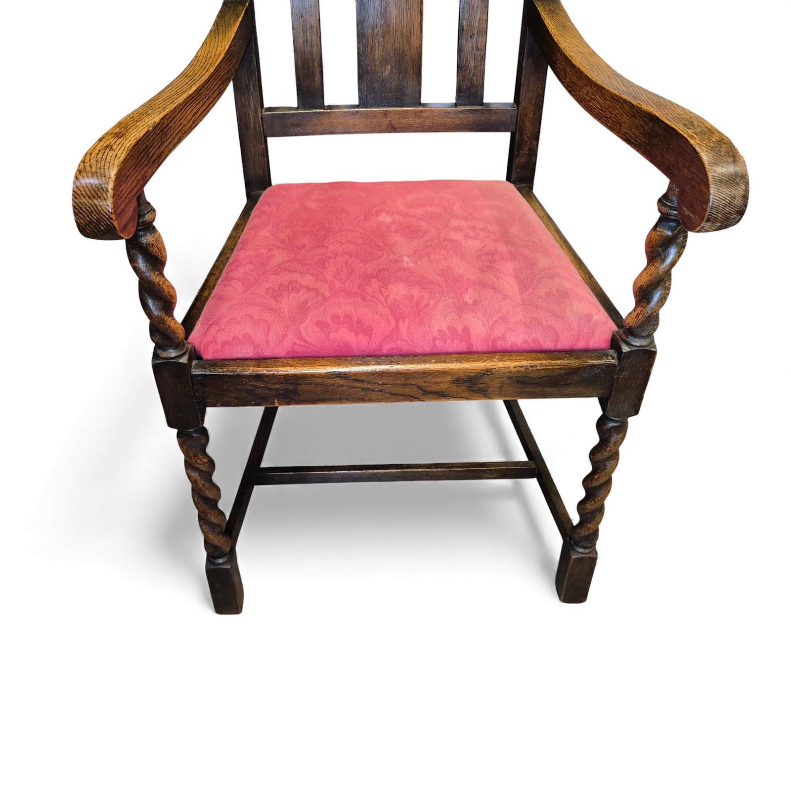 Vintage Oak Hall Chair – Carved Back & Barley Twist Armchair With Upholstered Seat photo vinterior