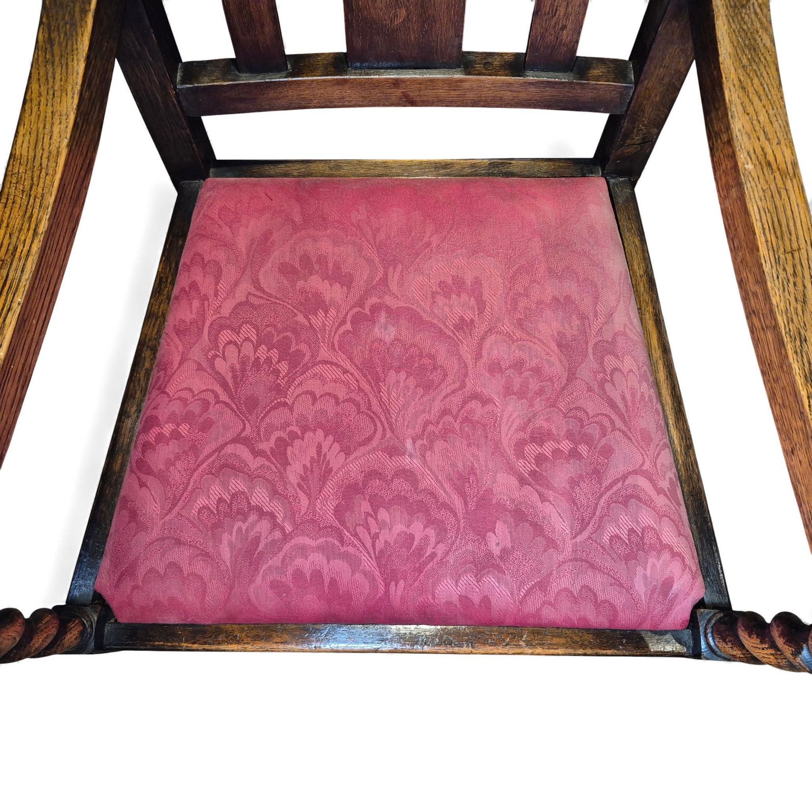 Furniture Vintage Oak Hall Chair – Carved Back & Barley Twist Armchair With Upholstered Seat photo
