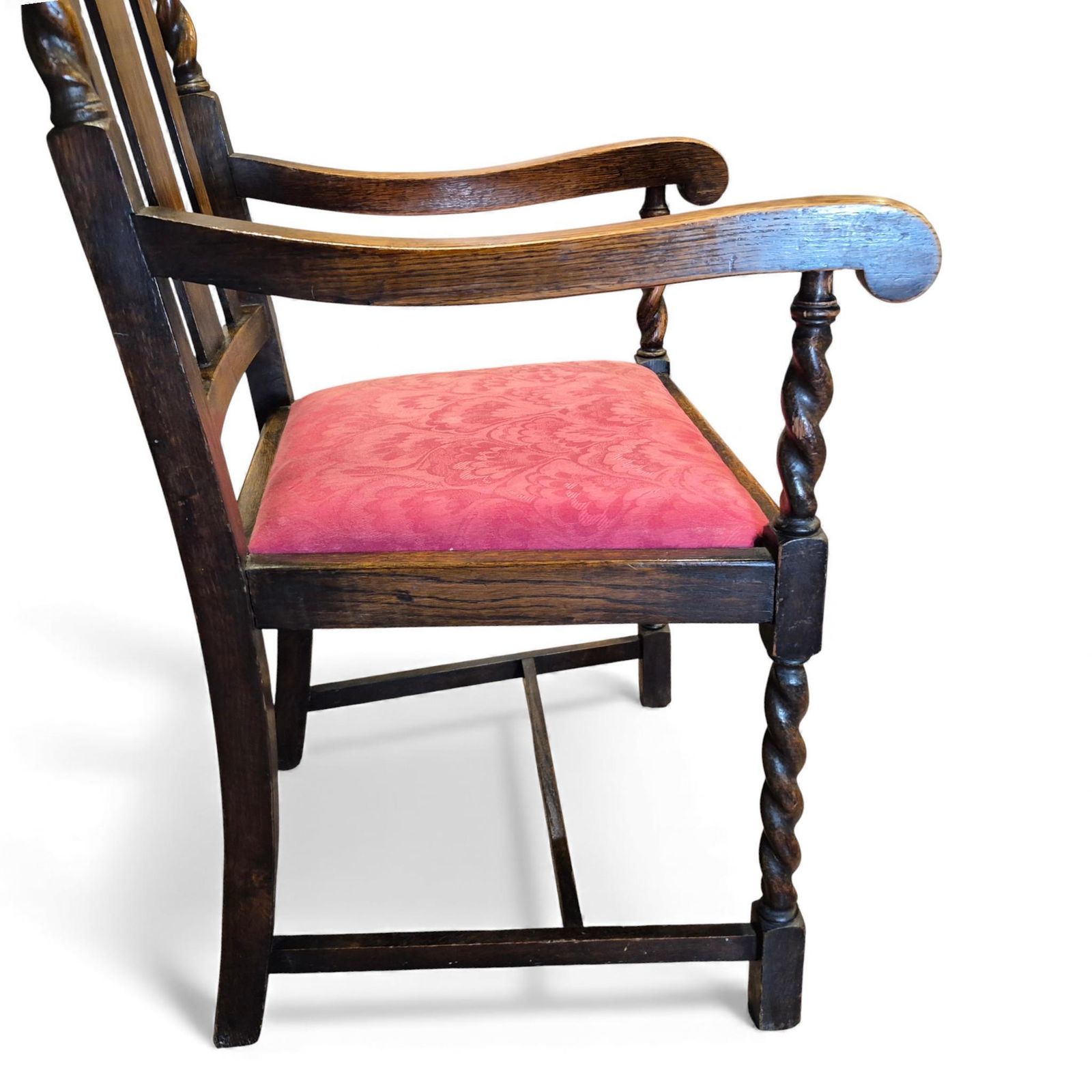 195.0 Vintage Oak Hall Chair – Carved Back & Barley Twist Armchair With Upholstered Seat photo