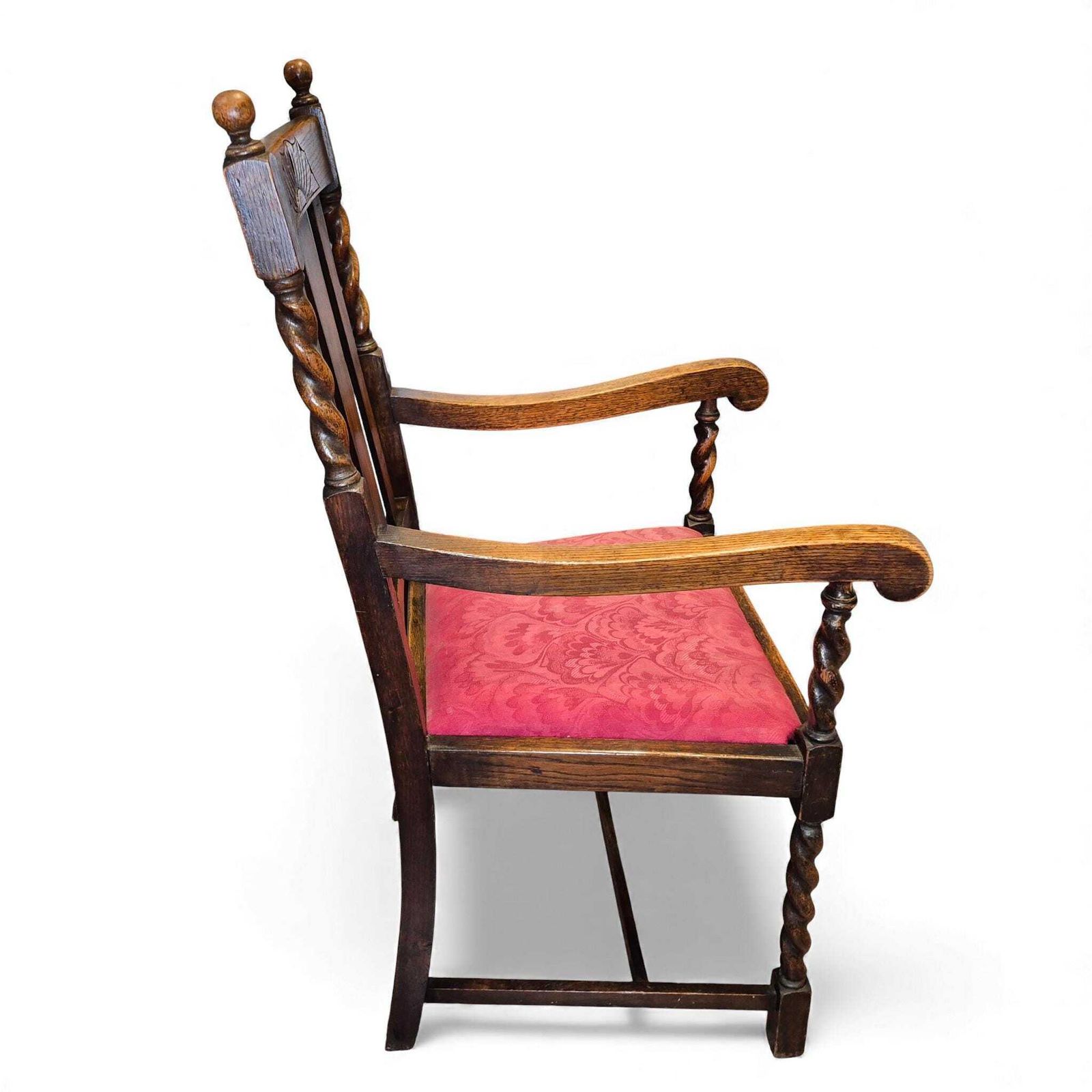photo vinterior Vintage Oak Hall Chair – Carved Back & Barley Twist Armchair With Upholstered Seat
