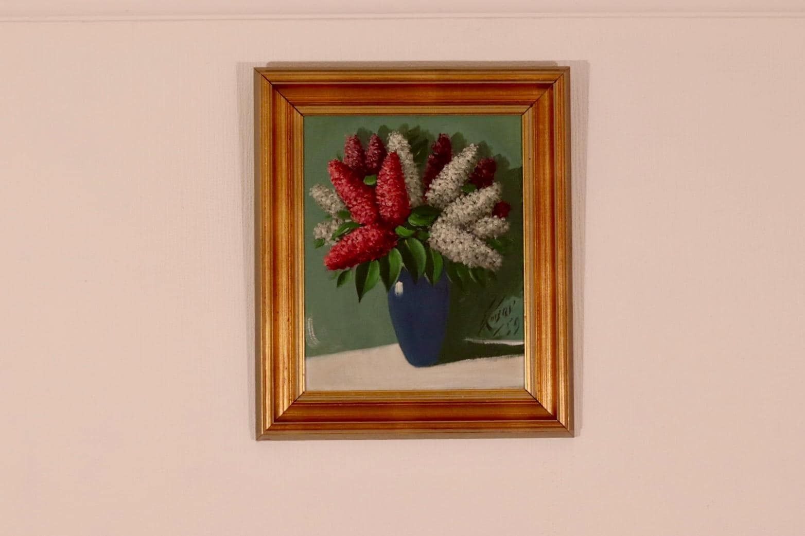 Original Swedish Oil On Panel – “Flower Still Life” – Indistinctly Signed, Vintage & Framed  38 × 30 Cm (15" × 11.8") photo furniture